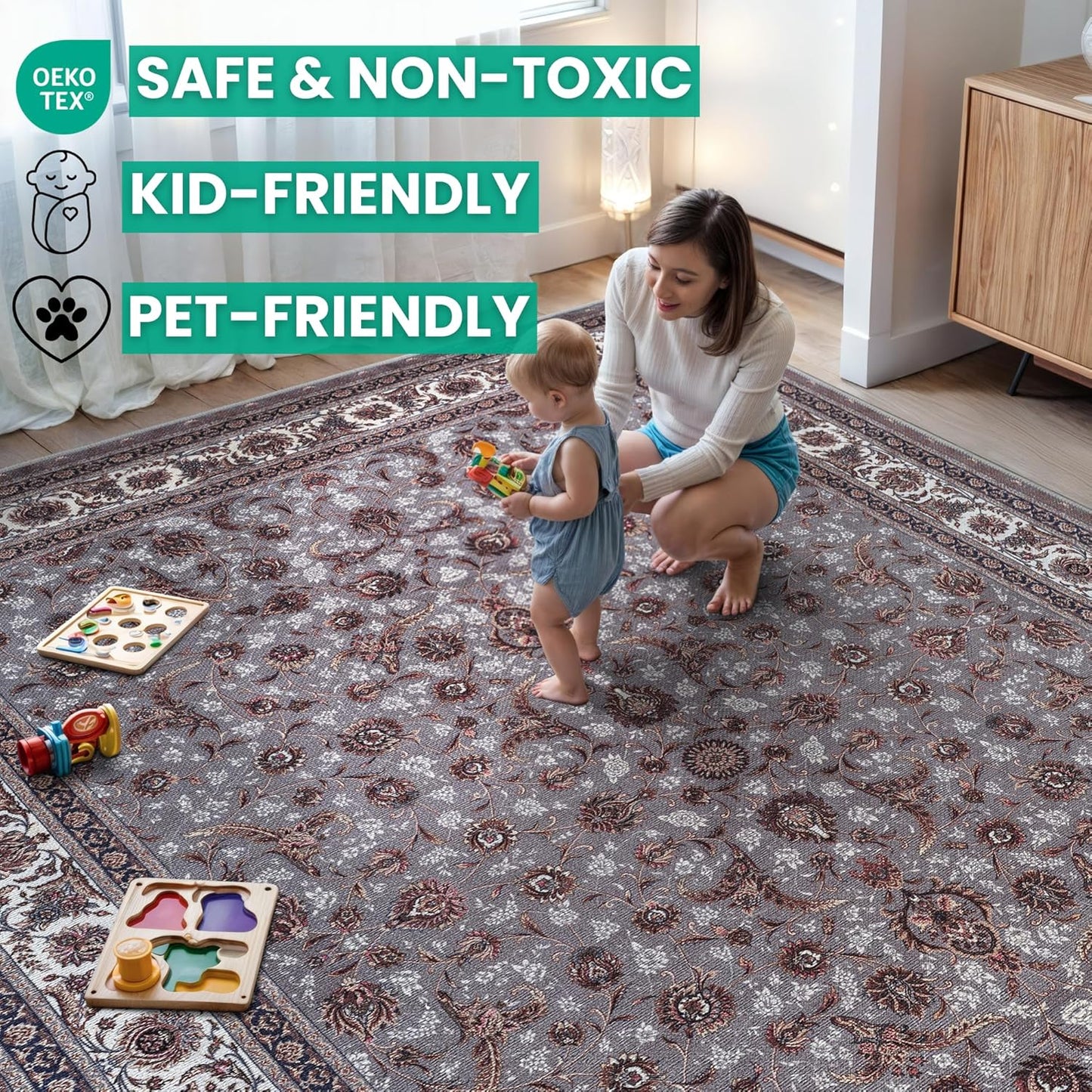 Bloom Rugs Washable Non-Slip 6' x 9' Rug - Slate Gray Traditional Oriental Area Rug for Living Room, Bedroom, Dining Room, and Kitchen - Exact Size: 6' x 9'