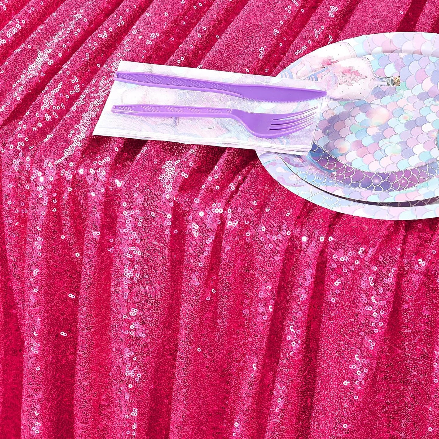 QueenDream Sparkly Sequin Tablecloth - Fuchsia Table Cloth 50x80 Inches Rectangle Table Overlay Fabric for Birthday Parties Baby Shower Decoration