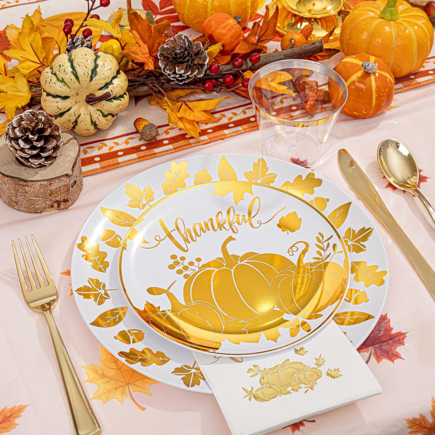 Festiva 176Pcs Thanksgiving Plastic Plates - Heavy Duty Thanksgiving Plates - Thanksgiving Disposable Dinnerware Set include 50 Plates,75 Silverware, 25 Cups, 25 Pumpkins Napkins, 1Tablecloth