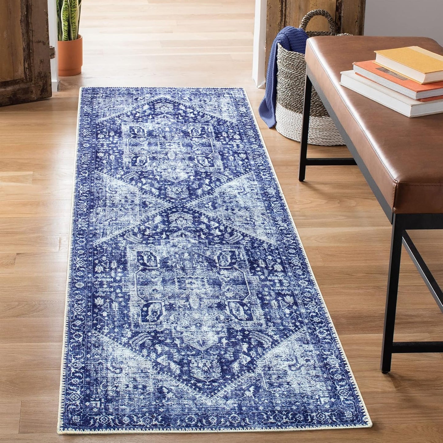 Bloom Rugs Washable Non-Slip 10 ft Runner - Blue/Ivory Traditional Runner for Entryway, Hallway, Bathroom, and Kitchen - Exact Size: 2.5' x 10'
