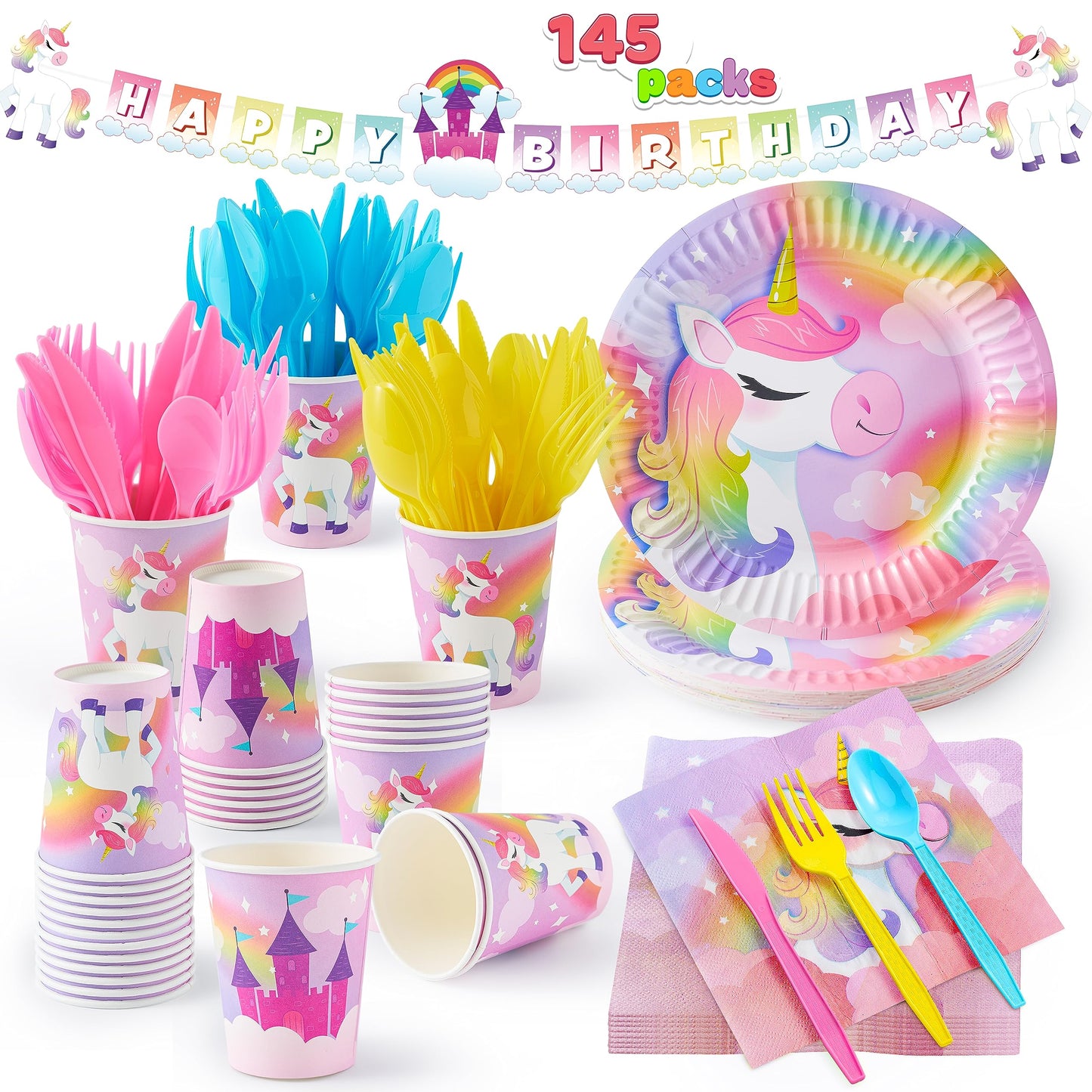 JOYIN 145 Pcs Unicorn Birthday Party Supplies with Unicorn Banner for Girls, 24 Serves Unicorn