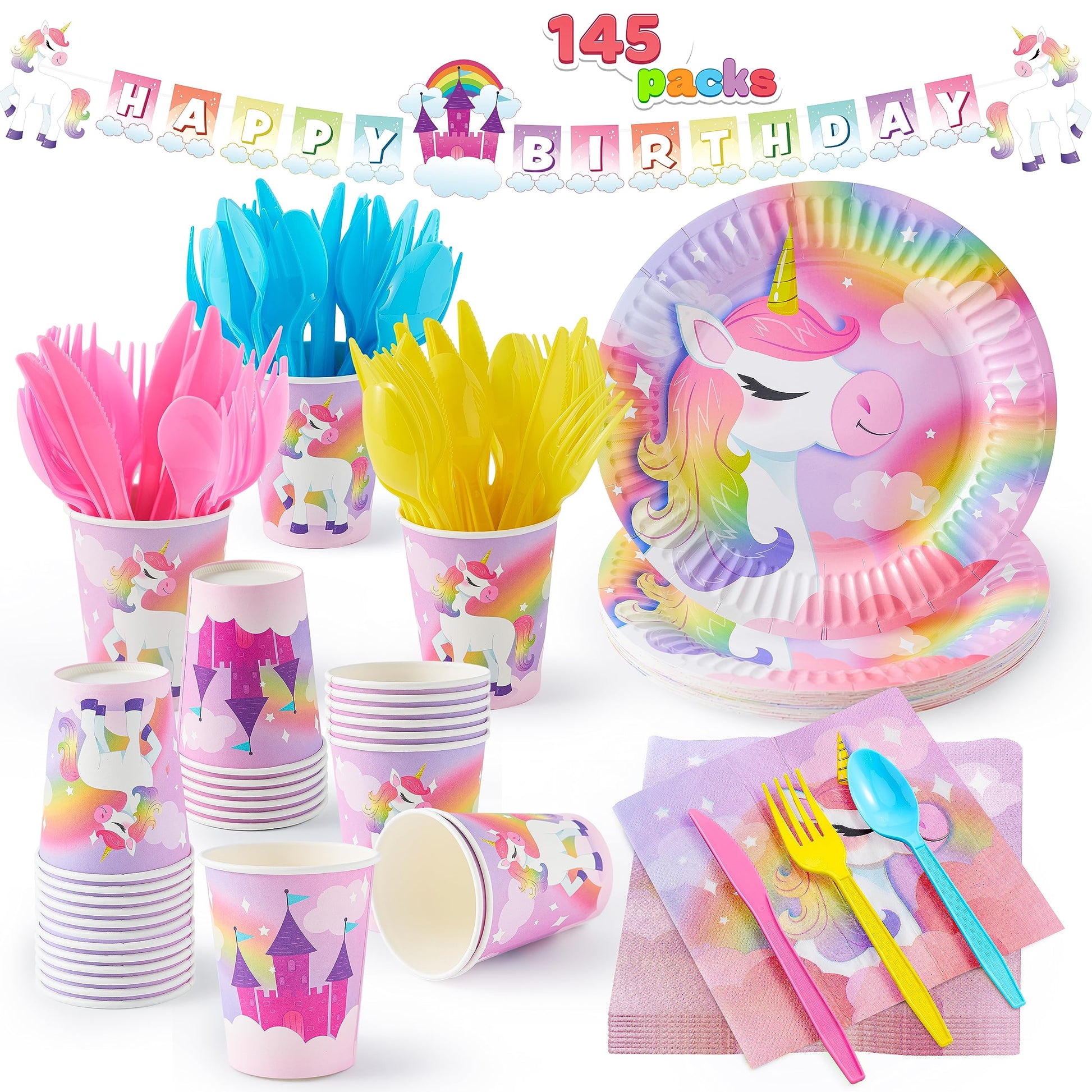 JOYIN 145 Pcs Unicorn Birthday Party Supplies with Unicorn Banner for Girls, 24 Serves Unicorn