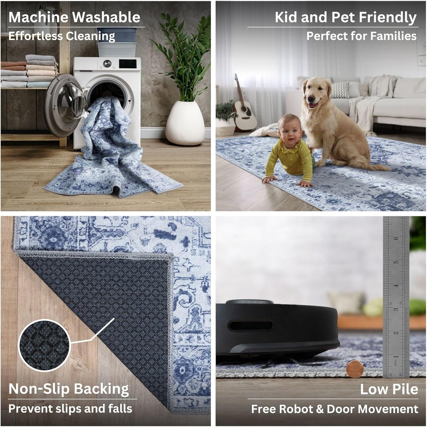 Bloom Rugs Washable Non-Slip 8' x 10' Rug - Gray/Blue Traditional Medallion Area Rug for Living Room, Bedroom, Dining Room, and Kitchen - Exact Size: 8' x 10'