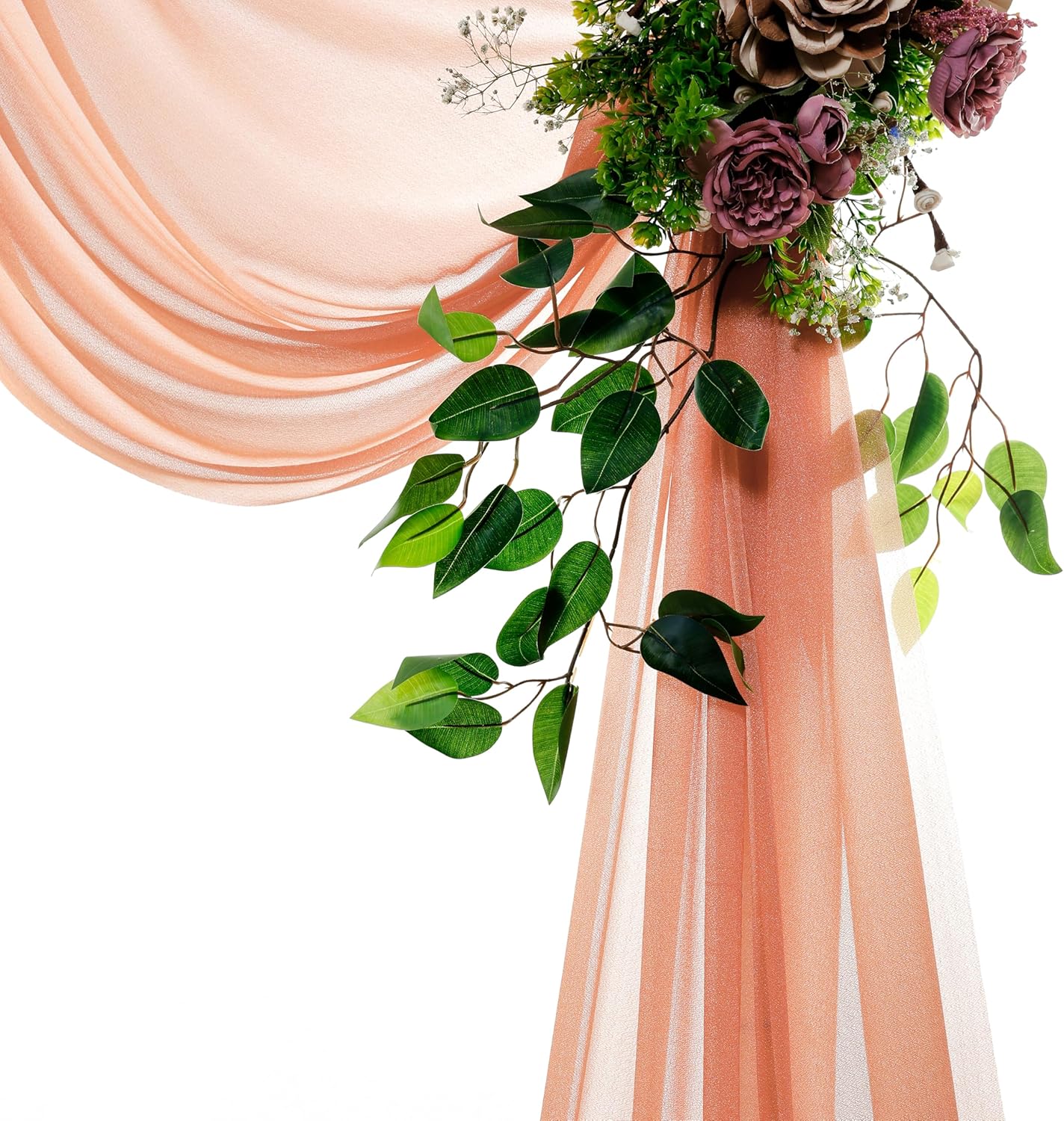 VDS Pack of 2 Panel (30 Inch X 50 Feet) Wedding Arch Draping Fabric Sheer Chiffon Fabric Drapery for Wedding Ceremony Reception Swag Backdrop Canopy Chuppah ARBO Altars Decoration (Coral Peach)