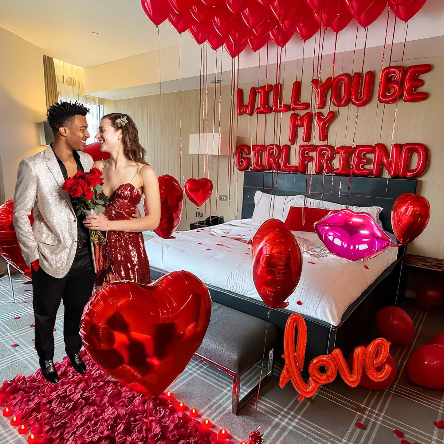 16 Inches Red 'WILL YOU BE MY GIRLFRIEND' Confession Letter Balloons with Heart-Shape, lips, love Foil Balloons and Rose Petals for Romantic Special Night Decorations and Valentines Day