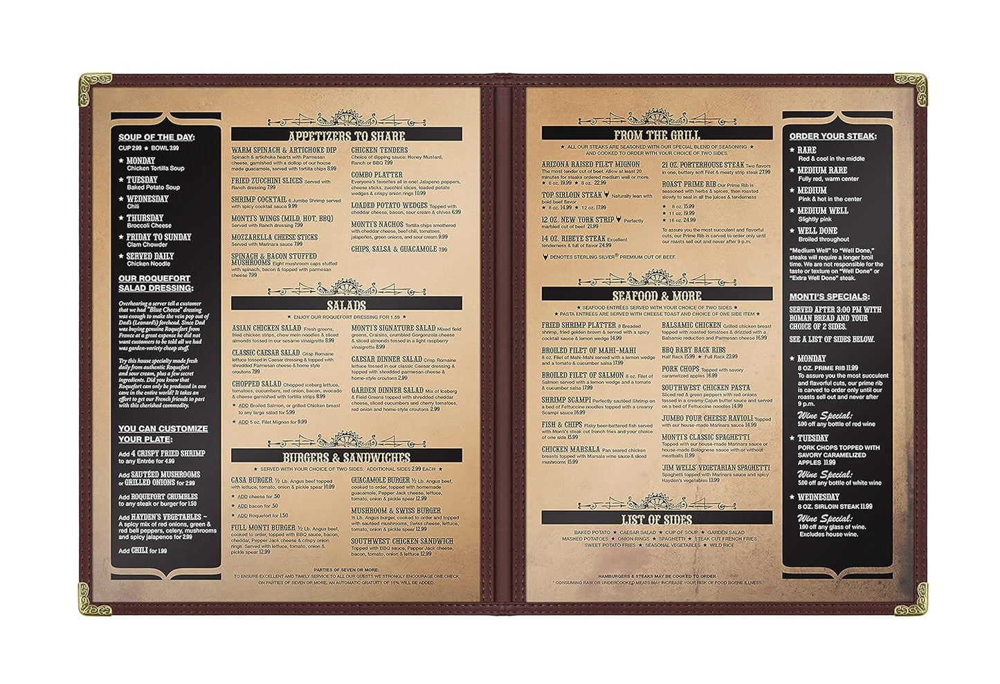 Goodsmart Restaurant Menu Covers - 25 Pack Brown 8.5" x 11", 2-Page/4-View, Side-Loading Vinyl Menu Holders, Clear Sleeves, Double-Stitched Edge, Leather-Style Café Menu Covers with Gold Corners