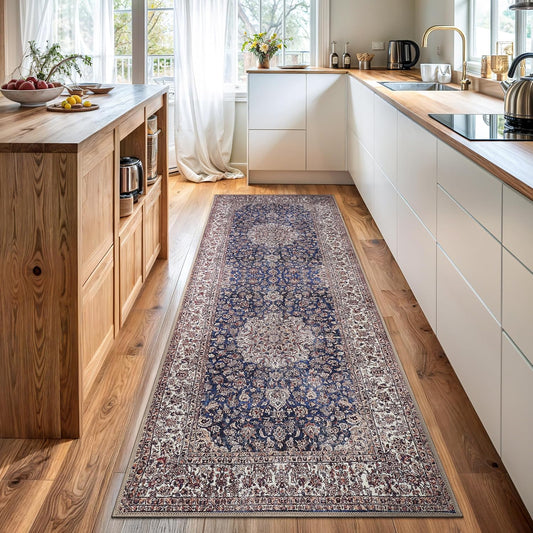 Bloom Rugs Washable Non-Slip 7 ft Runner - Dark Blue/Beige Traditional Medallion Runner for Entryway, Hallway, Bathroom, and Kitchen - Exact Size: 2.5' x 7'