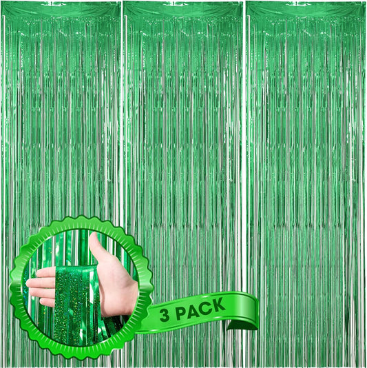 3 Pack 3.3 x 8.2 ft Laser Green Foil Fringe Backdrop Curtains, Tinsel Streamers Birthday Party Decorations, Fringe Backdrop for Graduation, Baby Shower, Gender Reveal, Disco Party