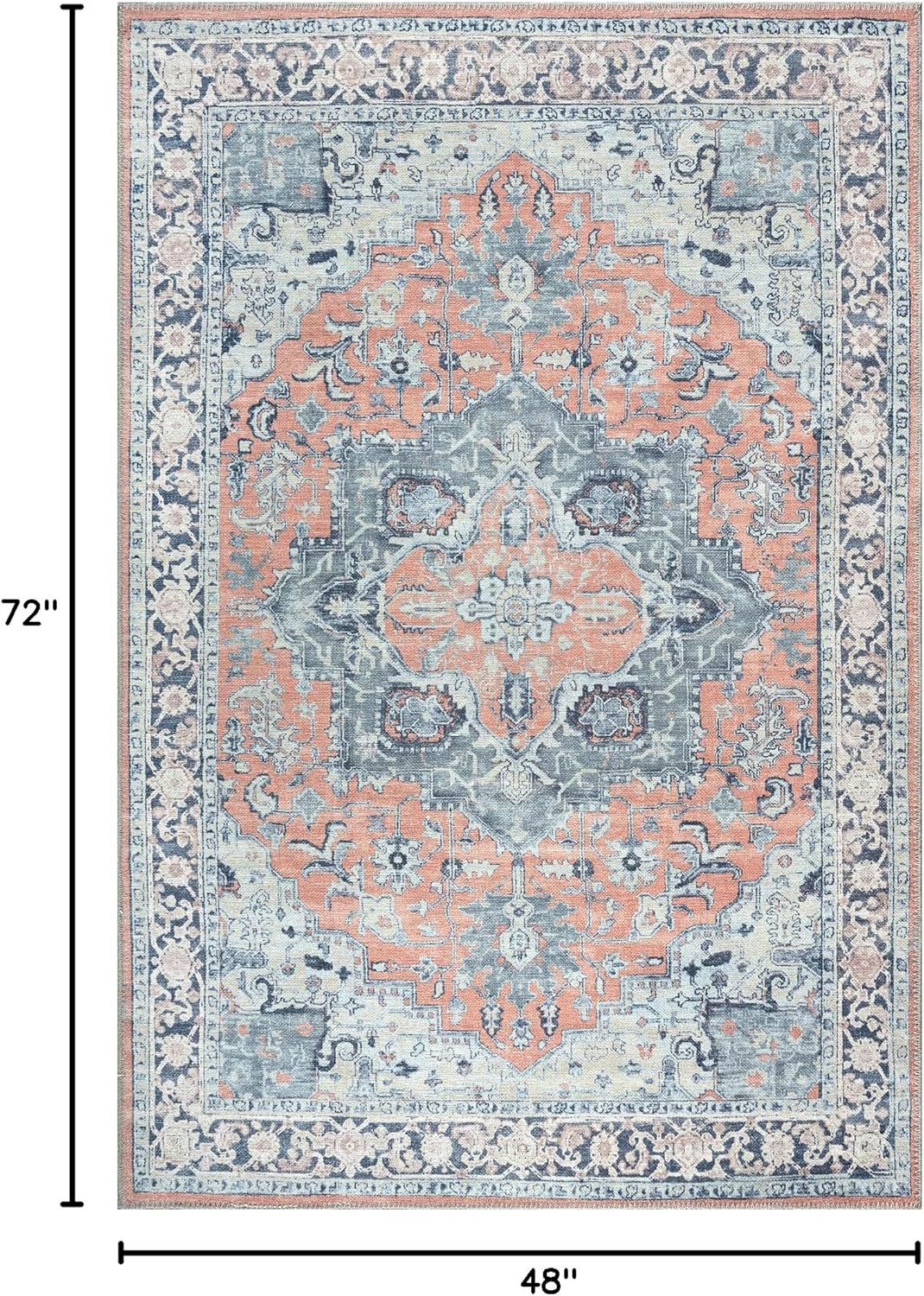 Bloom Rugs Washable Non-Slip 4' x 6' Rug - Coral/Blue Traditional Medallion Area Rug for Living Room, Bedroom, Dining Room, and Kitchen - Exact Size: 4' x 6'