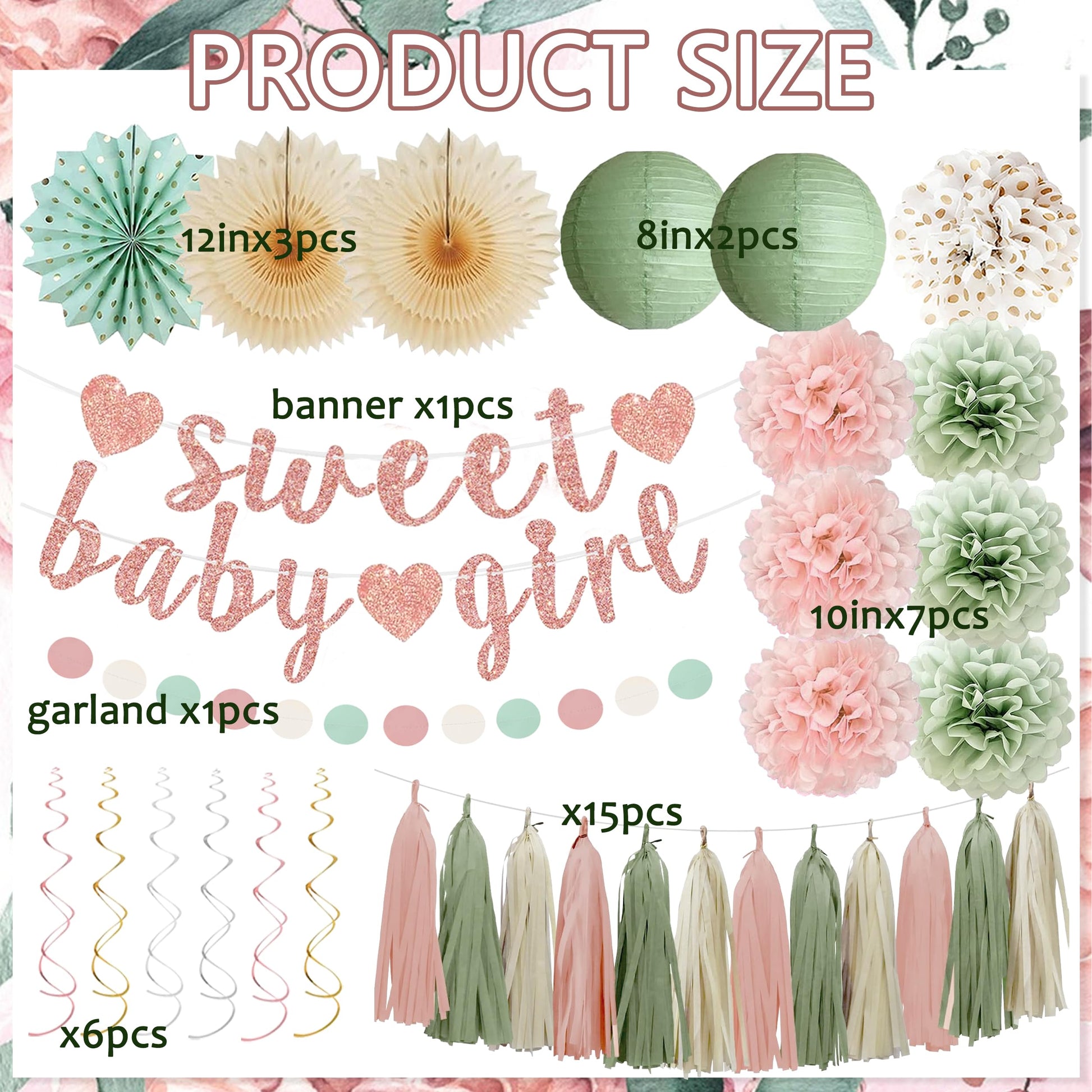 Sage Green and Blush Pink Baby Shower Decorations - Sweet Baby Girl Banner, Olive Green Lanterns