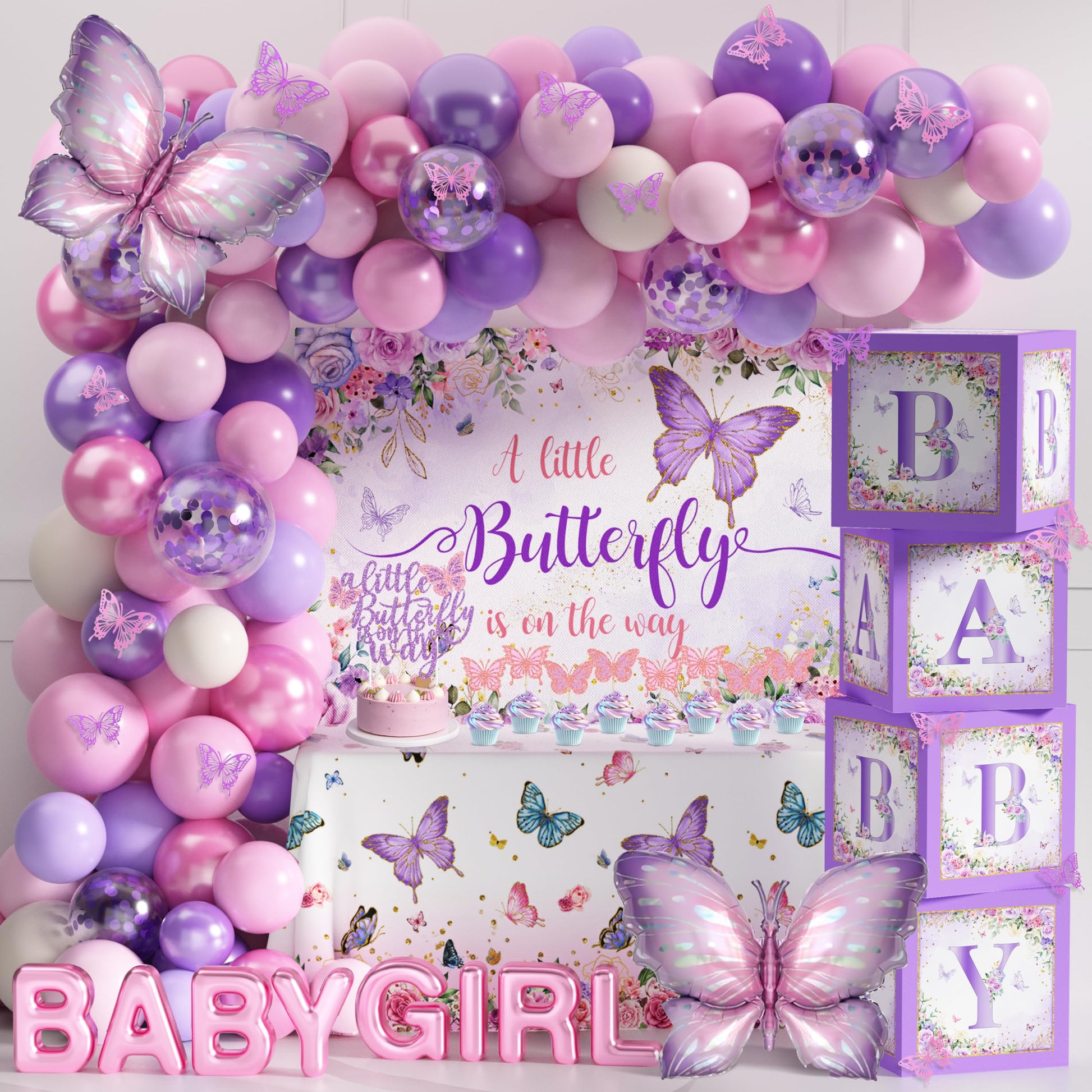 Butterfly Baby Shower Decorations for Girl Pink Purple Party Decoration Set
