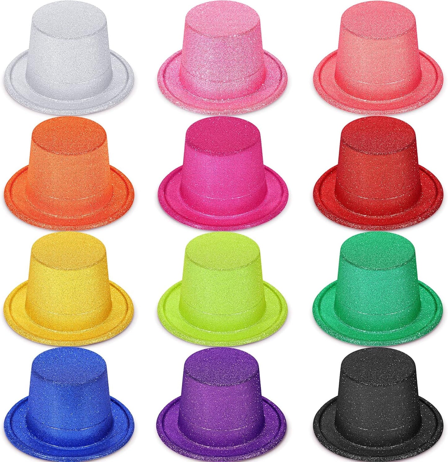 Handepo 12 Pack Bright Glitter Top Hat Mini Fun Party Hats for Adults Halloween Christmas Party Decoration Plastic Assorted Colors for New Years Dress Accessories