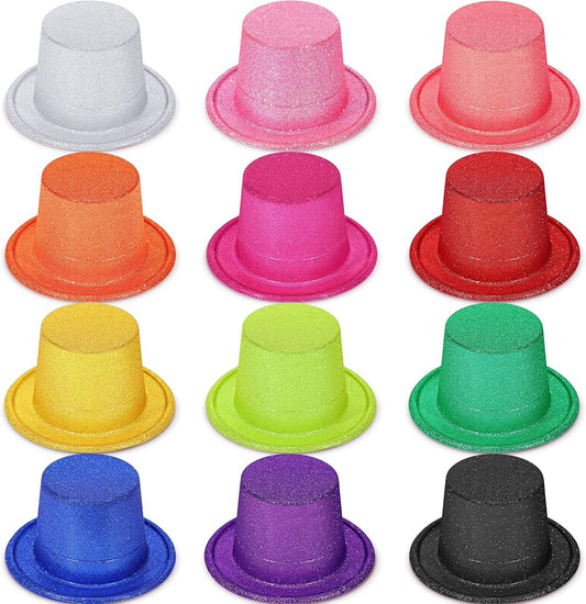 Handepo 12 Pack Bright Glitter Top Hat Mini Fun Party Hats for Adults Halloween Christmas Party Decoration Plastic Assorted Colors for New Years Dress Accessories