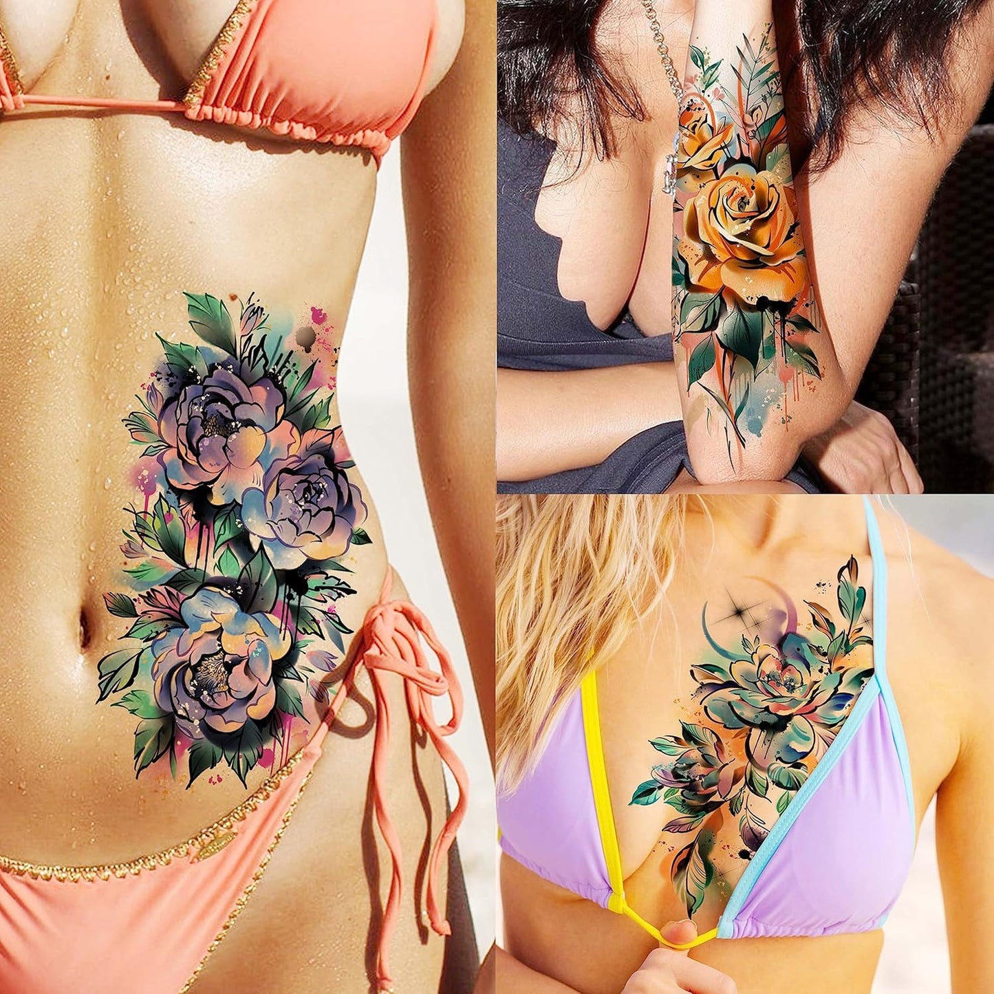 63 Sheets 3D Watercolor Rose Temporary Tattoos For Women Arm Girls Adults, Water Color Peony Flower Tattoo Sticker, Bulk Temp Fake Long Lasting Tattoo Colorful Floral Moon Snake Lion Wolf Tiger