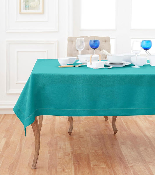 Solino Home Linen Tablecloth 60 x 90 Inch - Classic Hemstitch 100% Pure Linen Teal Table Cloth for Rectangle Tables - Machine Washable Tablecloth for Fall, Autumn, Thanksgiving, Christmas
