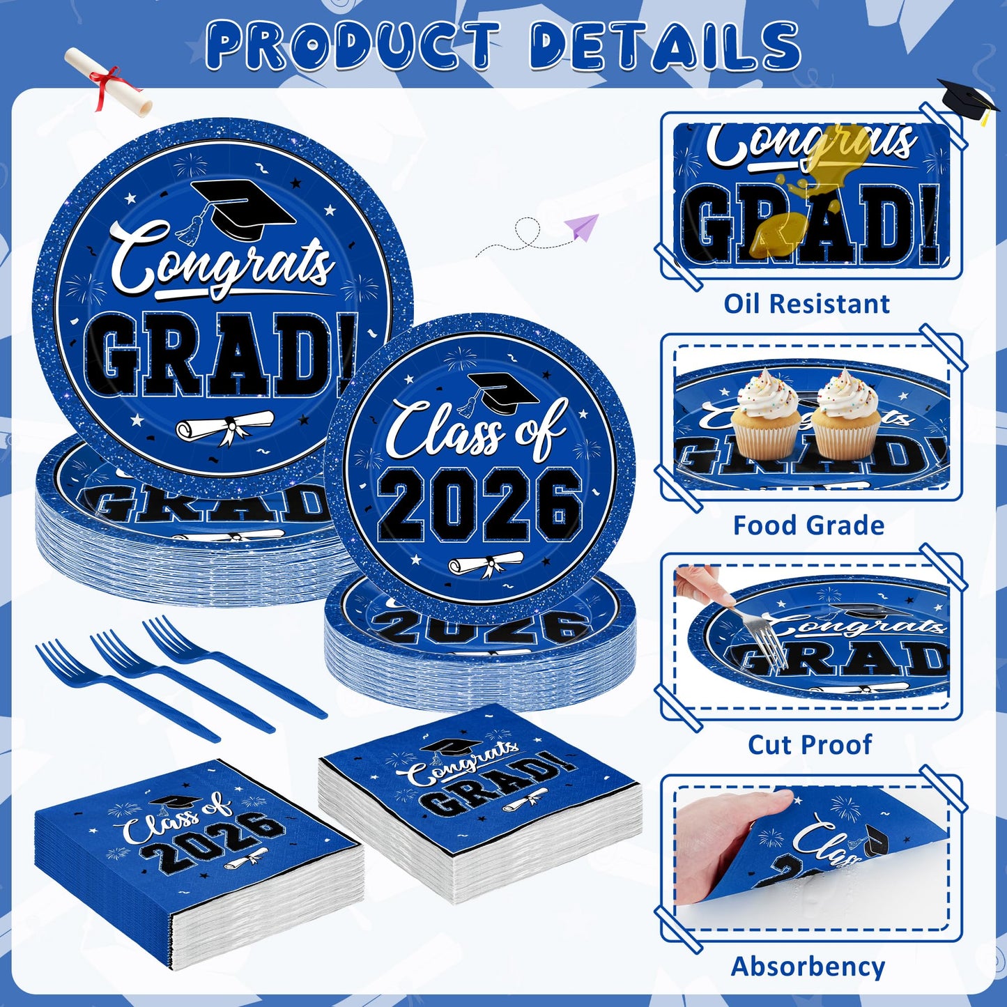200Pcs Graduation Decorations 2026, Blue Graduation Plates and Napkins Party Supplies for 50