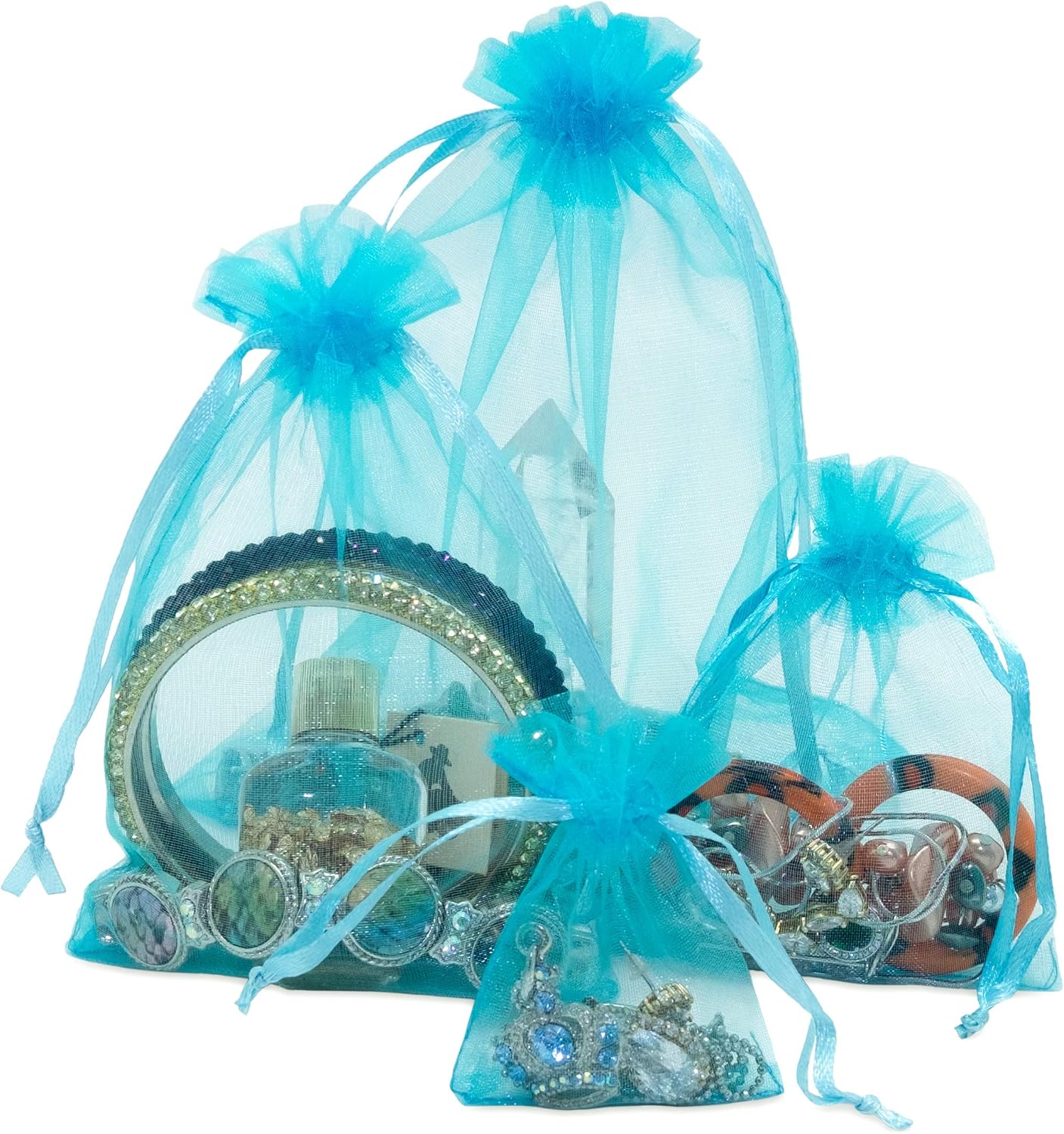 TheDisplayGuys 100-Pack 6x8 Turquoise Blue Sheer Organza Gift Bags with Drawstring, Jewelry Candy Treat Wedding Party Favors Mesh Pouch