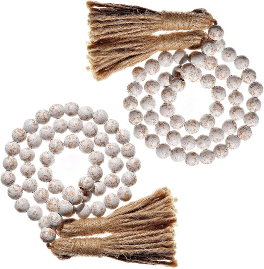 Farmhouse Wood Bead Garland Set of 2 with Tassels - Decorative Home Boho Beads