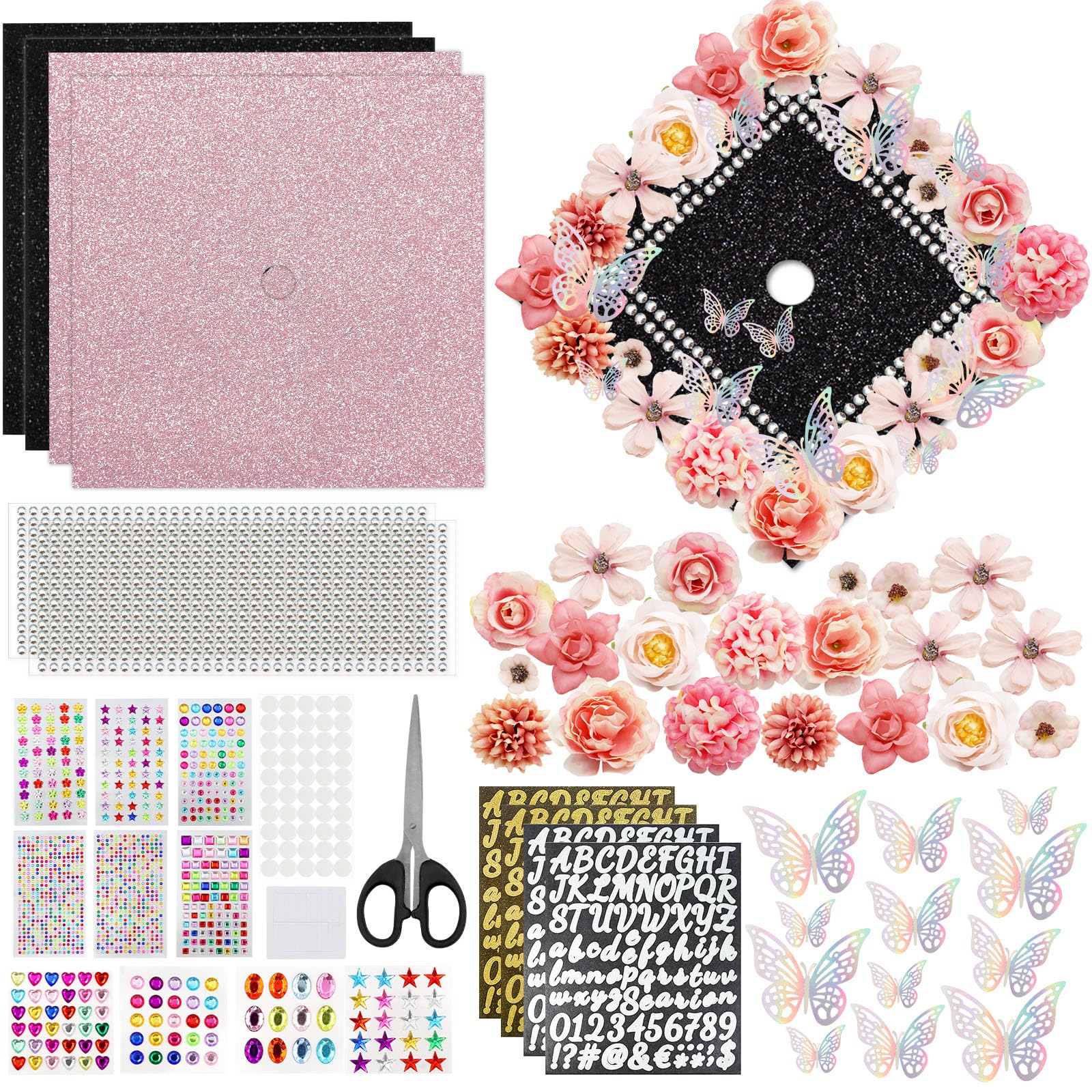 ZYNERY Graduation Cap Decorations Kit, Grad Cap Decorations Includes Glitter Paper 3D Butterfly