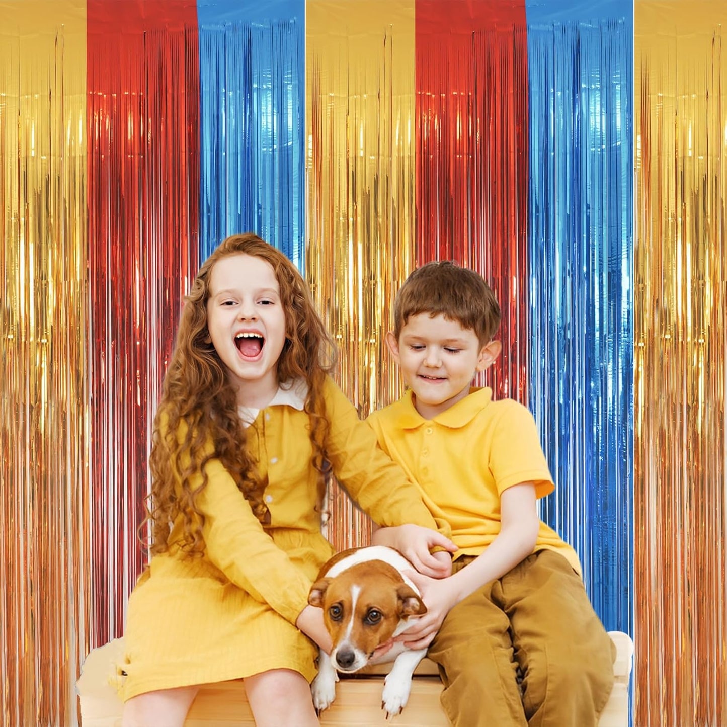 Gold Red Blue Party Backdrop - GREATRIL Tinsel Fringe Curtain for Paw Birthdays Decorations 2 Packs
