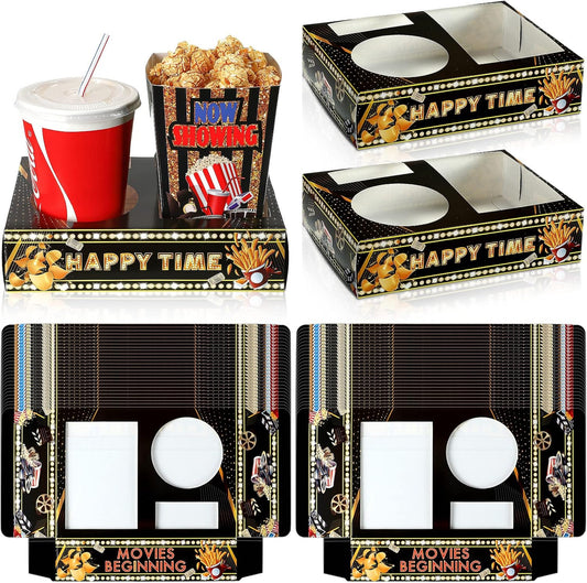 Faccito 36 Pcs Movie Night Snack Trays Movie Theater Snack Boxes Night Supply Disposable Paper Holder Tray for Popcorn Food Candy Drink Party 8 x 6 Inch(Black Gold,Cute Style)