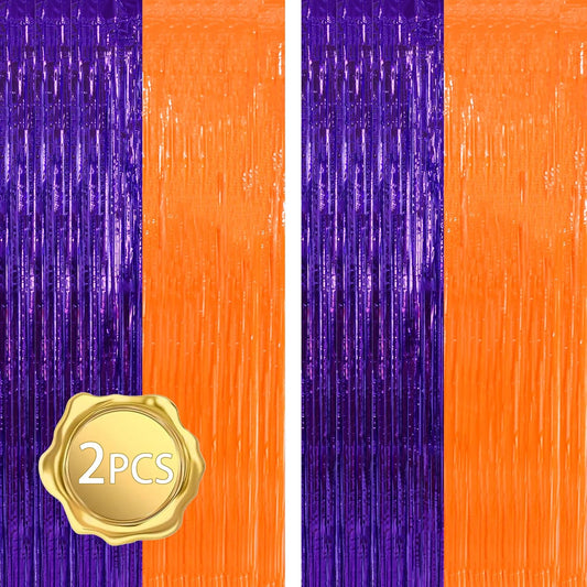 BEISHIDA 2Pcs Orange Purple Door Streamer Happy Halloween Backdrop Foil Fringe Tinsel Horry Party Curtains Backdrops for Horry Party Hallowen Decoration (3.28 ft x 6.56 ft)
