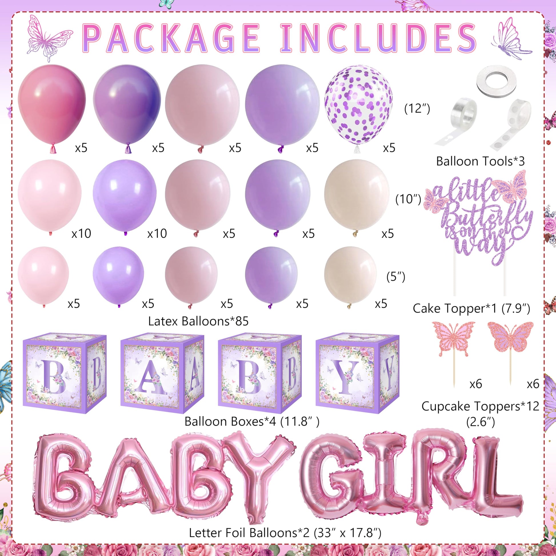 Butterfly Baby Shower Decorations for Girl Pink Purple Party Decoration Set