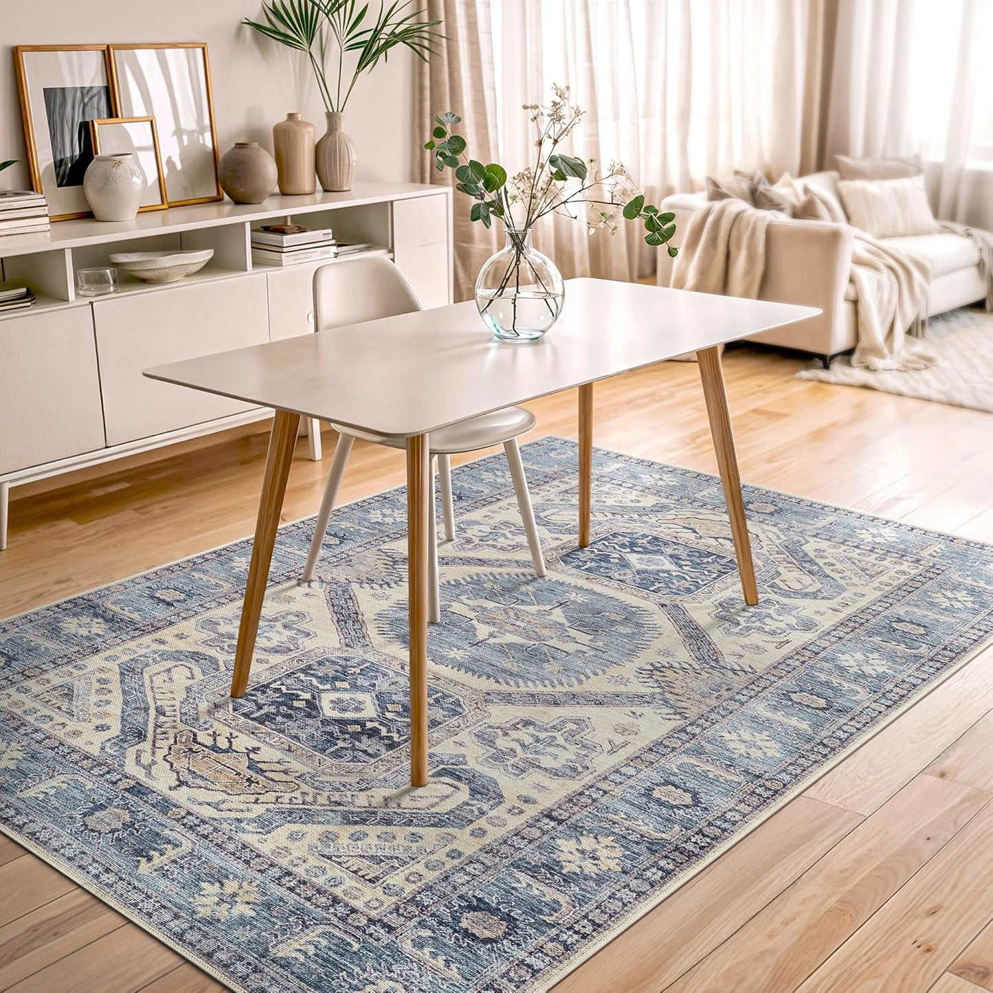 Bloom Rugs Washable Non-Slip 5' x 7' Rug - Blue/Beige Traditional Oriental Area Rug for Living Room, Bedroom, Dining Room, and Kitchen - Exact Size: 5' x 7'