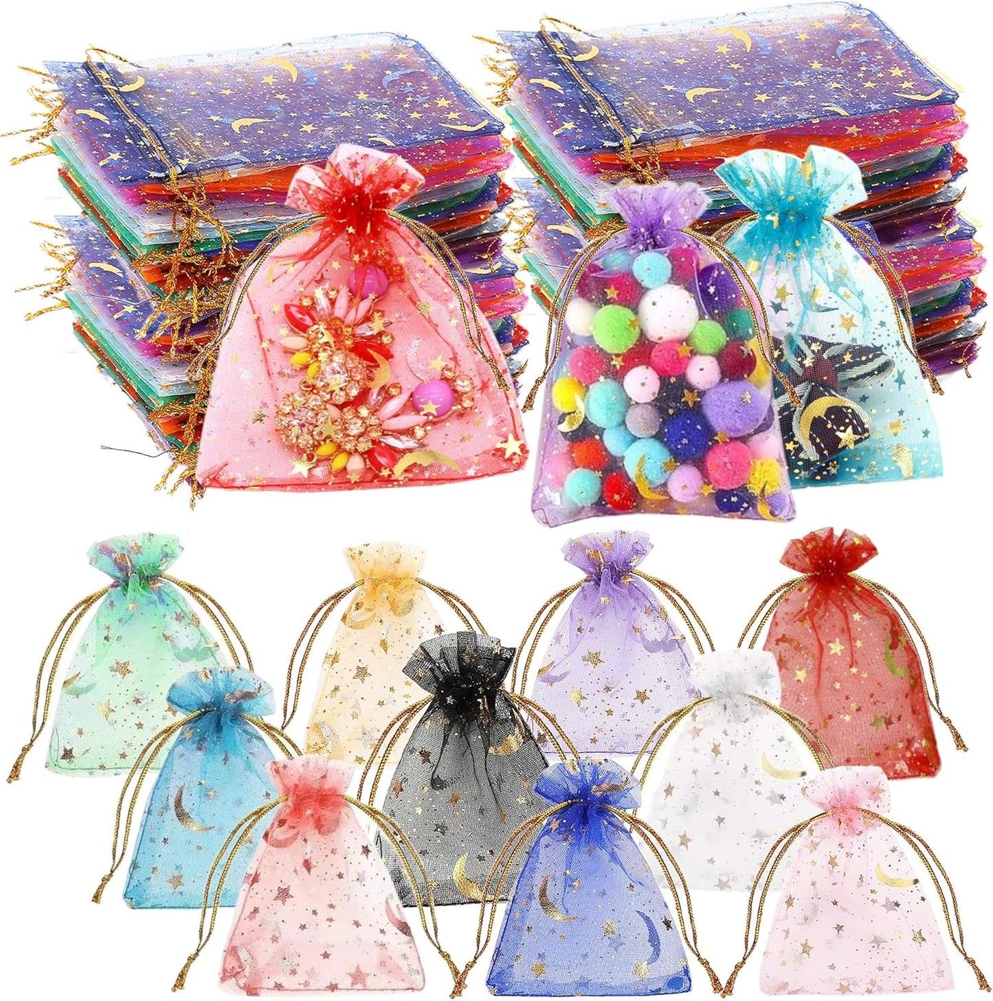 500 Pcs Moon Star Organza Jewelry Candy Bags Wedding Favor 2.8x3.5 Inch with Drawstring Multi Colored Candy Mesh Jewelry Bags for Wedding Party Christmas, Baby Shower, Eid Mubarak (Multicolor)