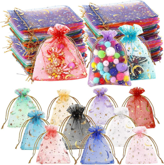500 Pcs Moon Star Organza Jewelry Candy Bags Wedding Favor 2.8x3.5 Inch with Drawstring Multi Colored Candy Mesh Jewelry Bags for Wedding Party Christmas, Baby Shower, Eid Mubarak (Multicolor)