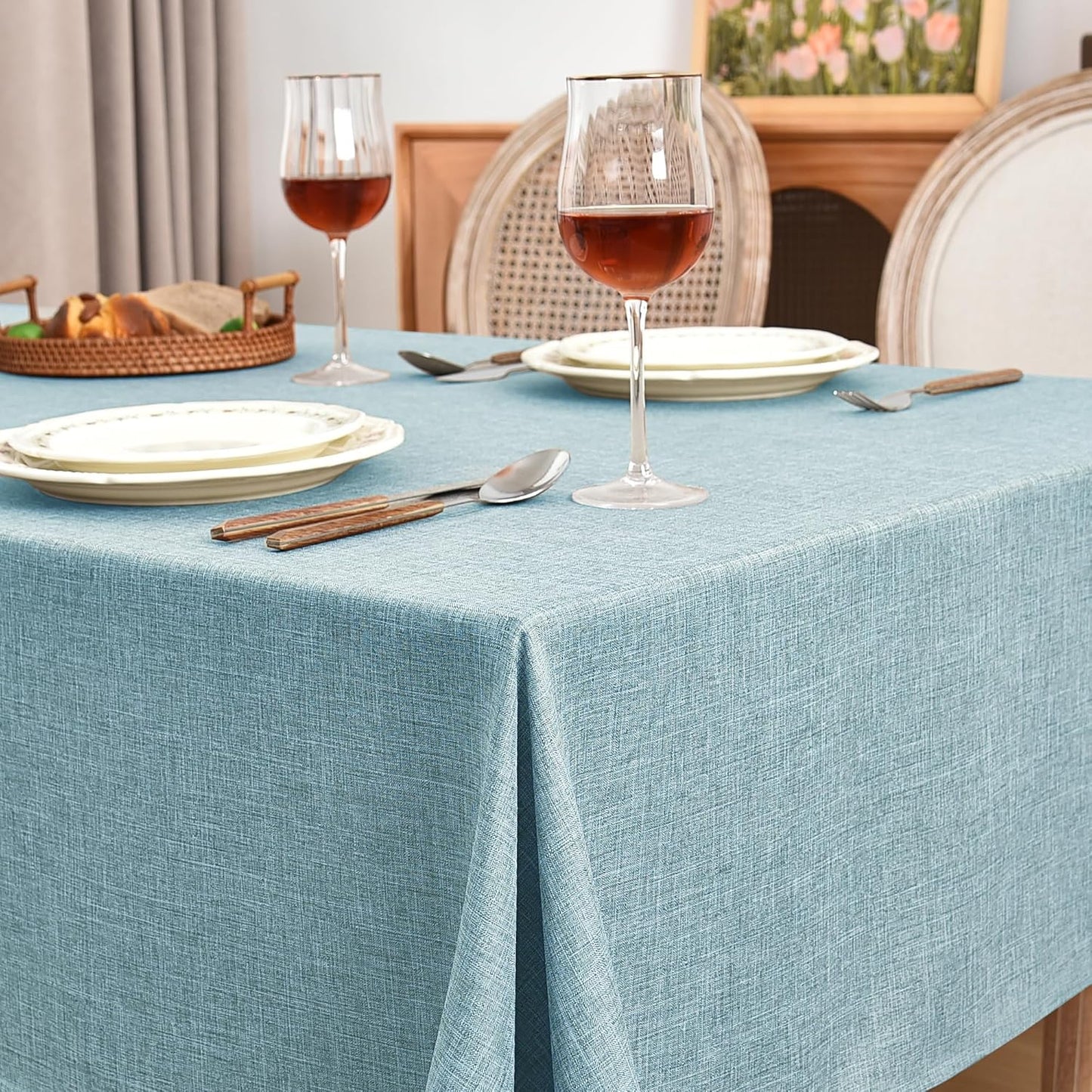 Fitable Textured Linen Tablecloths 2 Pack, Waterproof Fabric Rectangle Table Clothes for 6 Foot Tables, Rustic Holiday Table Covers for Kitchen Dining, Party, Farmhouse (Turquoise, 54 x 108 Inch)