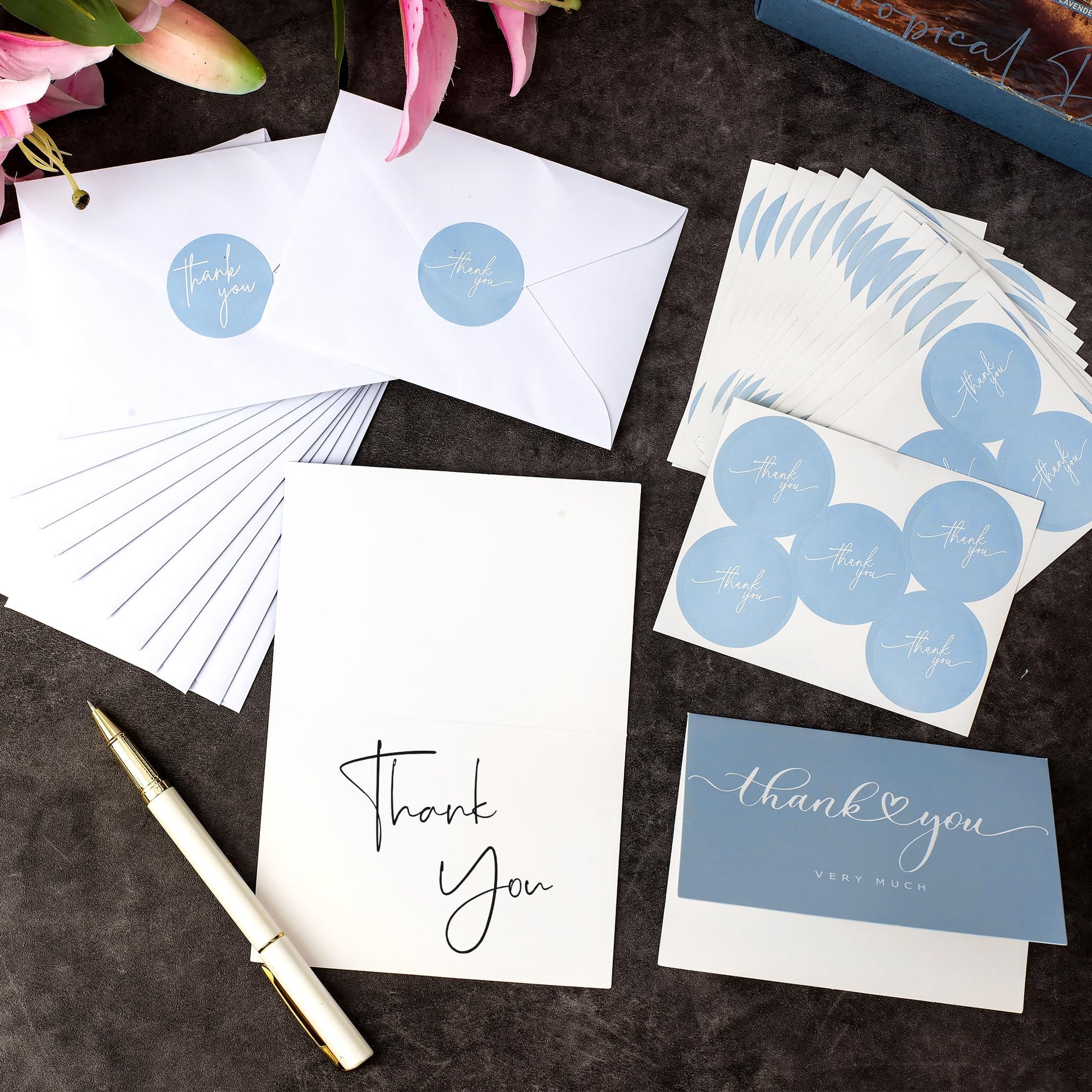 100 Bulk Light blue Thank You Cards with white Envelopes and stickers - 4 Minimalistic Designs