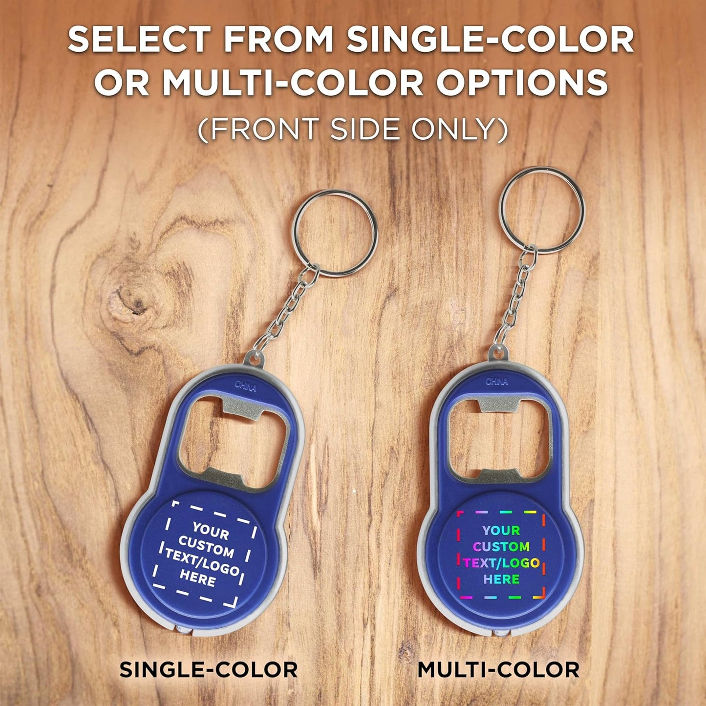 DISCOUNT PROMOS Custom Bottle Opener & LED Keychains Set of 100, Personalized Bulk Pack - Perfect for Tradeshows, Party Favors, Other Events - Blue
