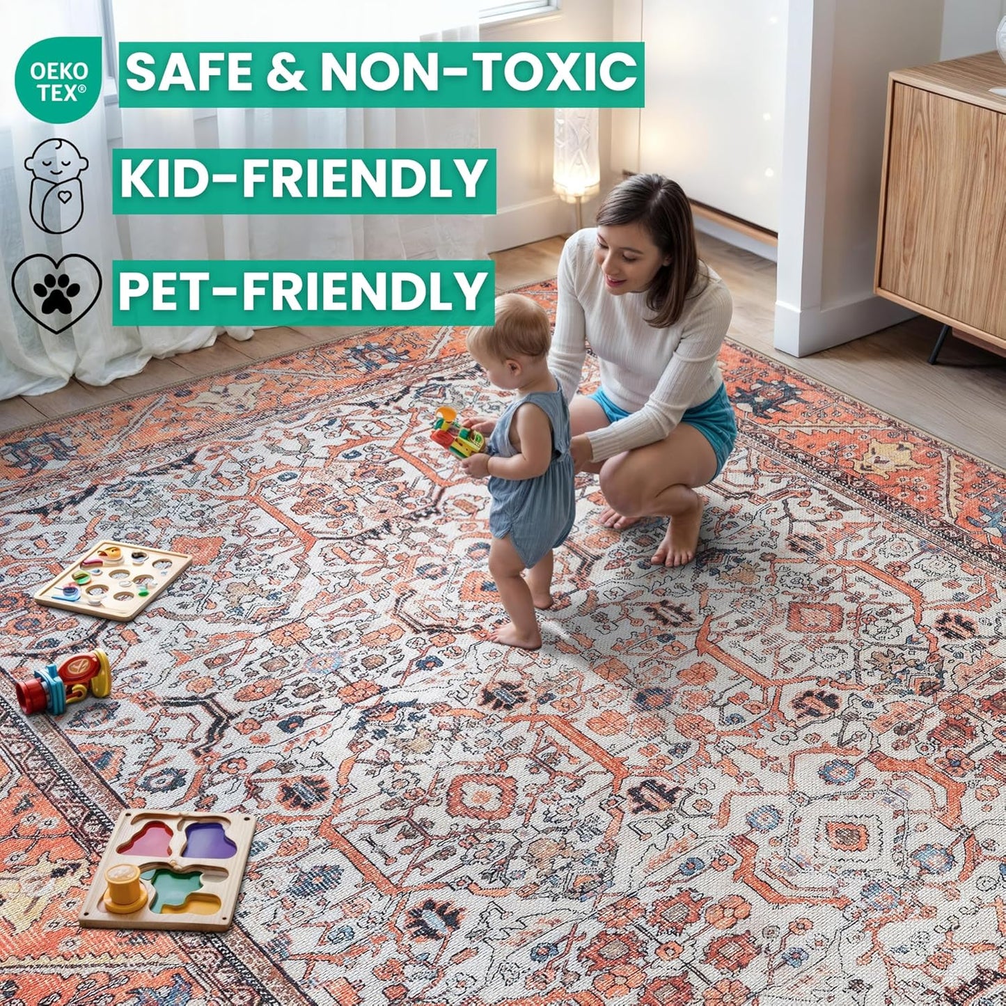 Bloom Rugs Washable Non-Slip 5' x 7' Rug - Orange Traditional Bordered Area Rug for Living Room, Bedroom, Dining Room, and Kitchen - Exact Size: 5' x 7'