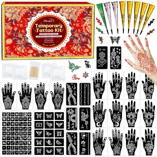 Temporary Tattoos Stencils Kit,Temporary Tattoos Kit - 8 Pcs 4 Color(Brown,Black,Cherry red,Green), Ink with Gloves,DIY Body Art Painting for Women Men Adults Kids