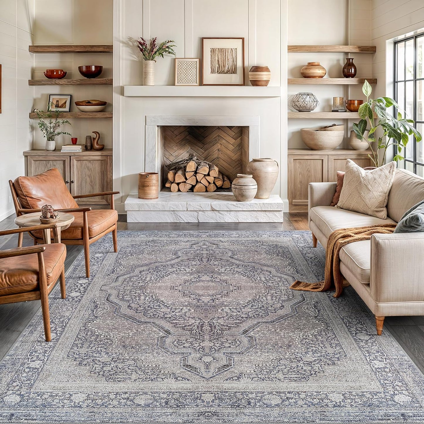 Bloom Rugs Washable Non-Slip 8' x 10' Rug - Blue/Steel Gray/Beige Traditional Medallion Area Rug for Living Room, Bedroom, Dining Room, and Kitchen - Exact Size: 8' x 10'