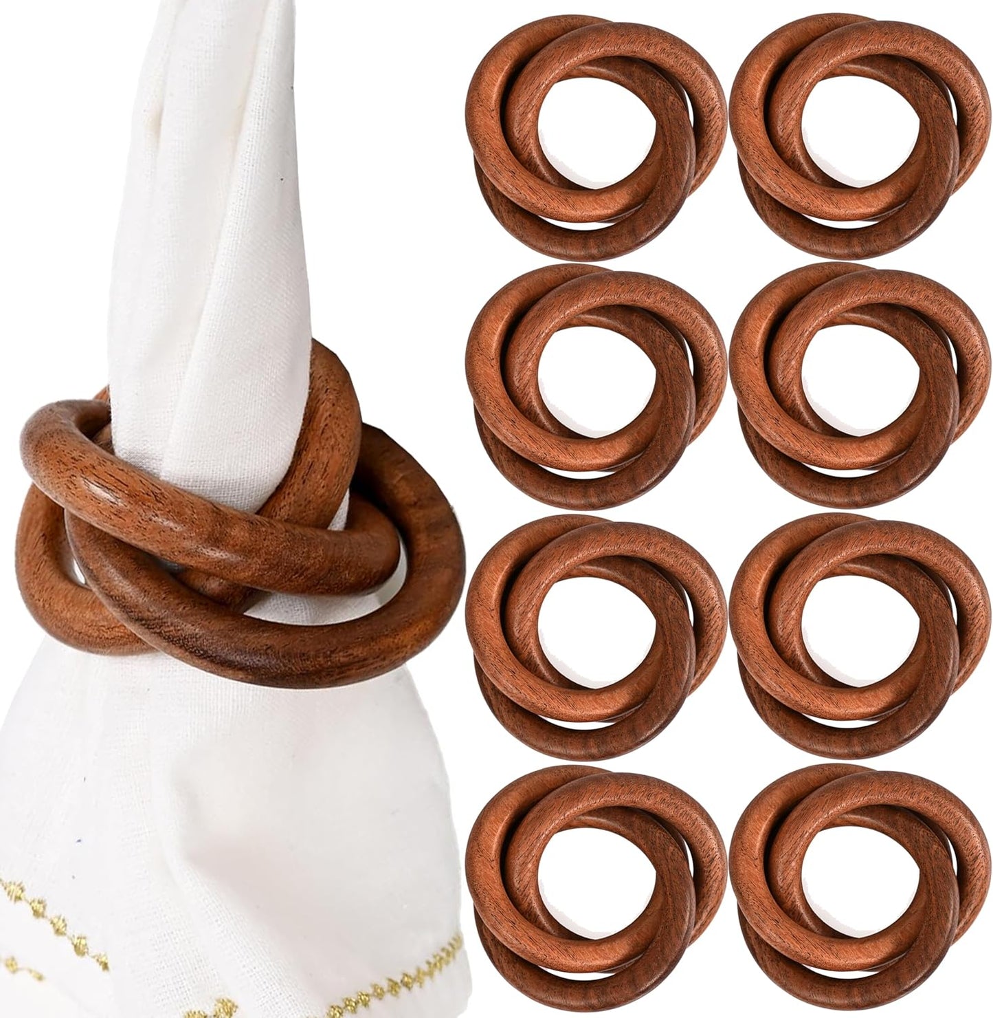 Three Ring Napkin Rings Set of 8, Decorative Handcuff Serviette Ring, Napkin Holders Bulk for Party Decoration, Dinning Table, Everyday, Family Gatherings Tabletop Décor (Brown) - CLEENTABLE