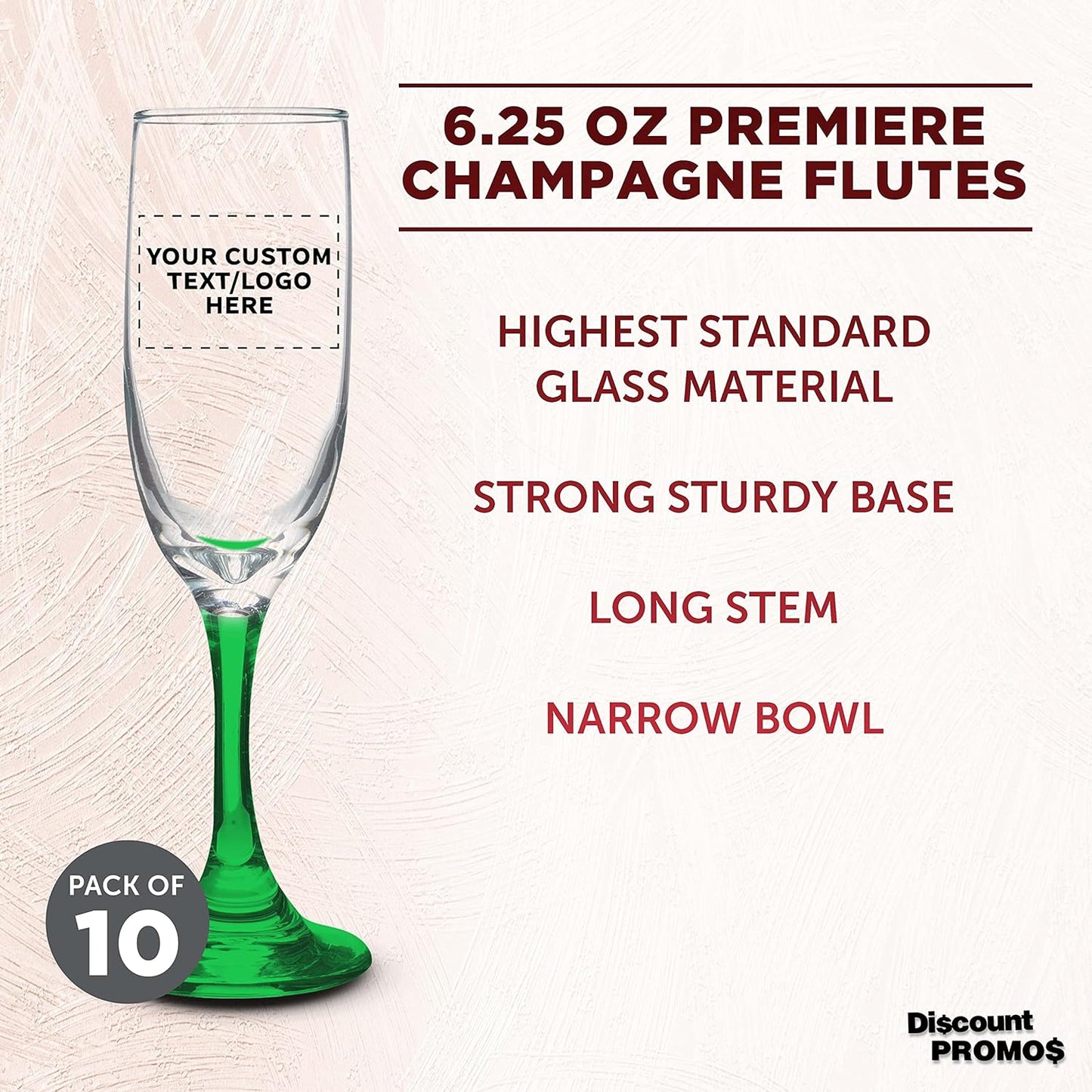 DISCOUNT PROMOS Custom Premiere Champagne Flutes 6.25 oz. Set of 10, Personalized Bulk Pack - Elegant Drinkware for Weddings, Events, & Promotional Gifts - Green