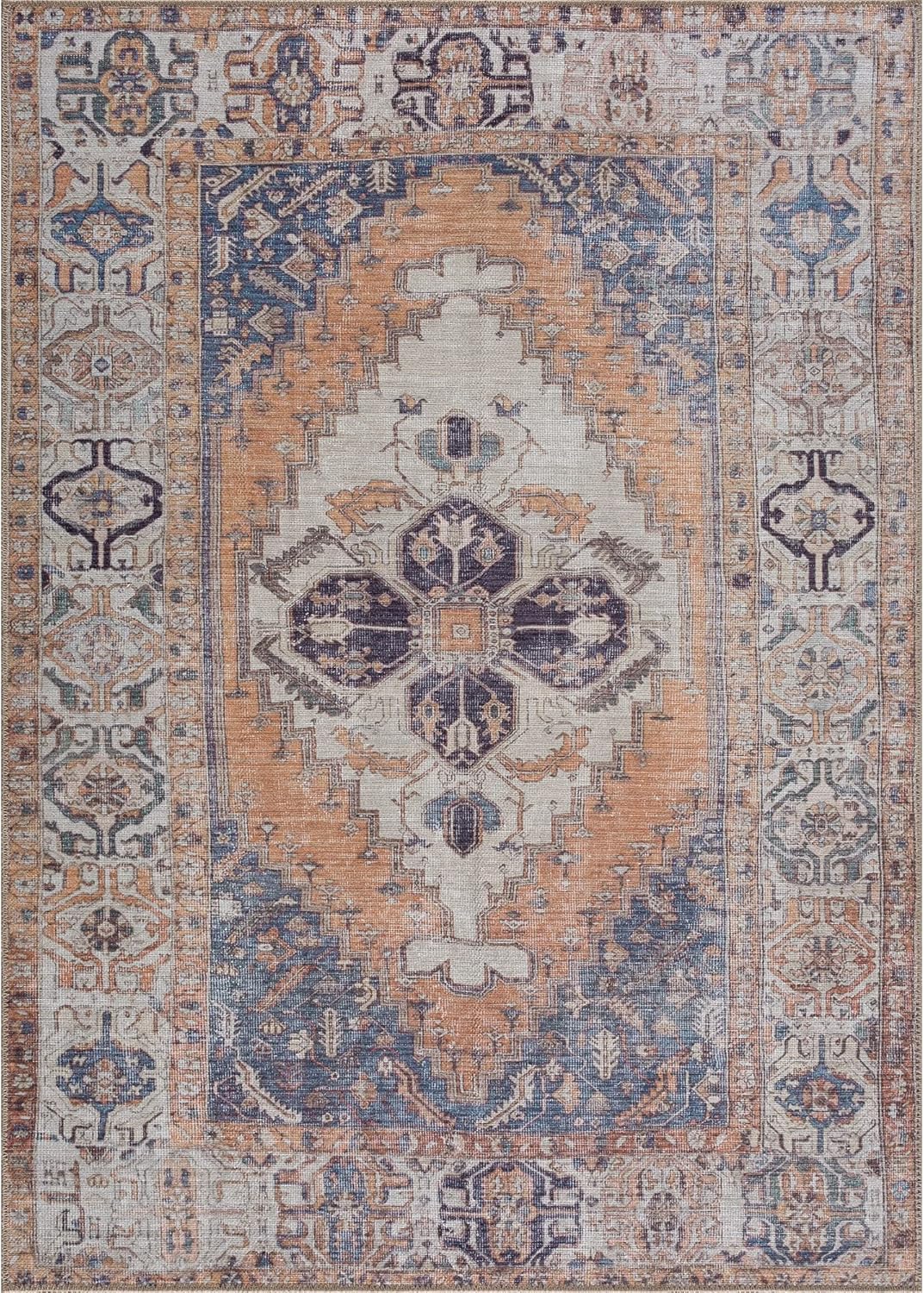 Bloom Rugs Washable 8' x 10' Rug - Orange/Blue/Beige Traditional Area Rug for Living Room, Bedroom, Dining Room, and Kitchen - Exact Size: 8' x 10'