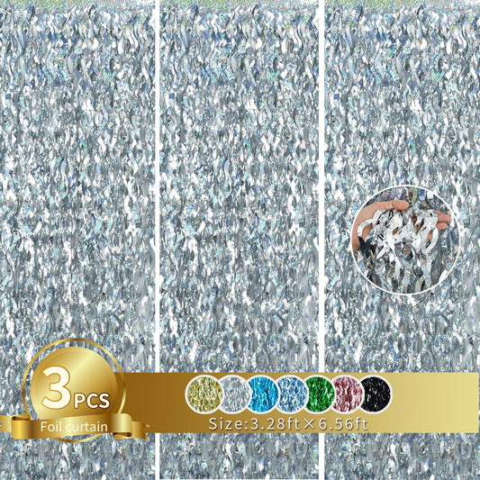 TONIFUL 3Pcs Wavy Metallic Tinsel Foil Fringe Curtains Silver Streamer Backdrop for Photo Booth Props,Party Door Wall Curtain,Bachelorette,Birthday,Anniversary,Bridal Shower Decor (9.9ft x 6.6ft)