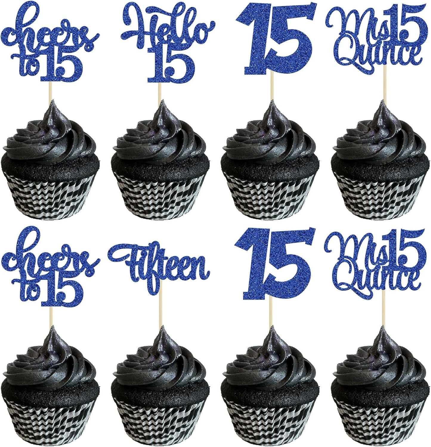 30Pcs 15th Birthday Cupcake Toppers Fifteen Cupcake Picks Cheers to 15 Years Old Mis Quince 15 Cake Decorations for 15th Birthday Anniversary Party Deep Blue Glitter
