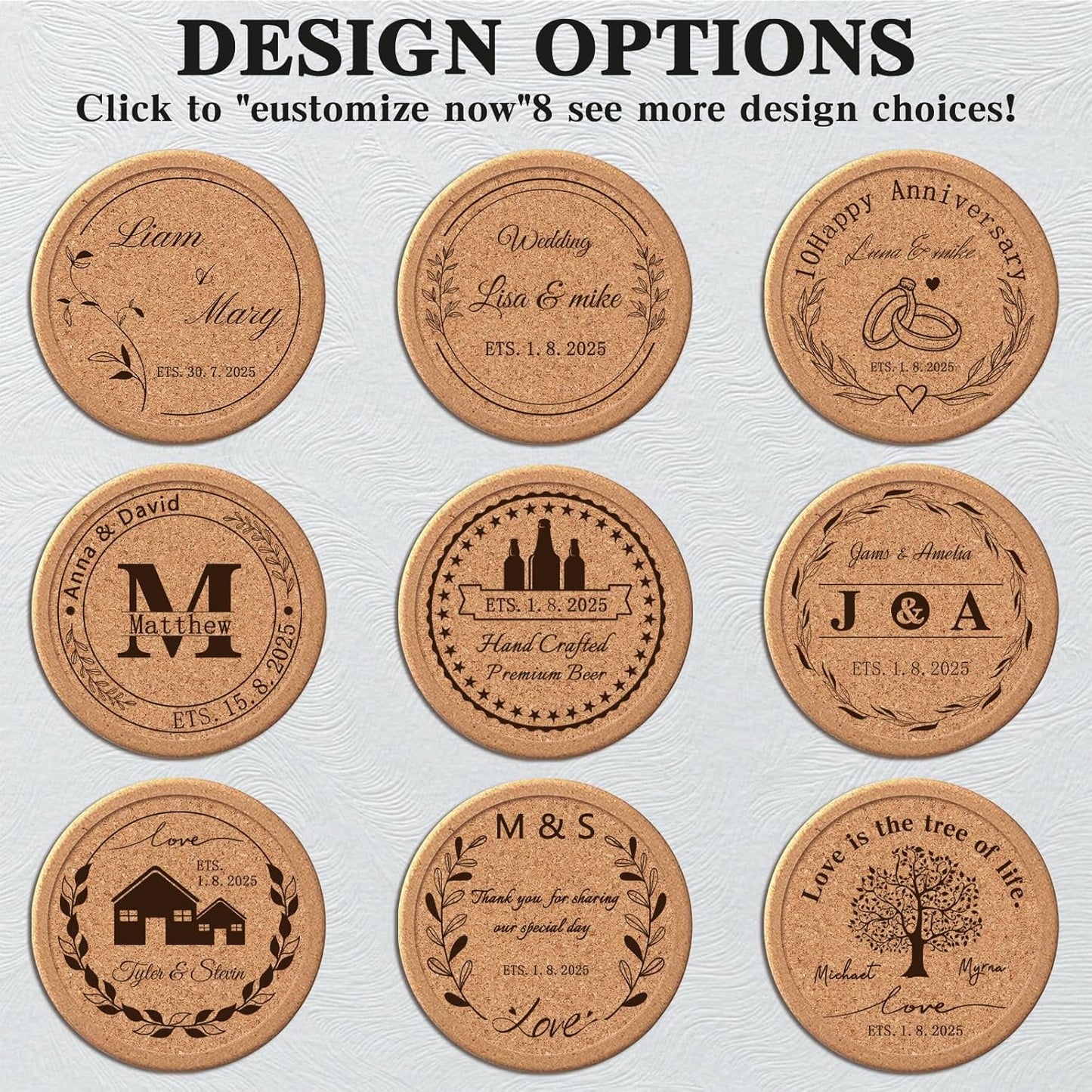 Custom Coasters Personalized Cork Coasters Bulk with Logo Wedding Personalized Cork Natural Wood Engraved Drink for Wedding Favors (Cork Coasters - Circle)