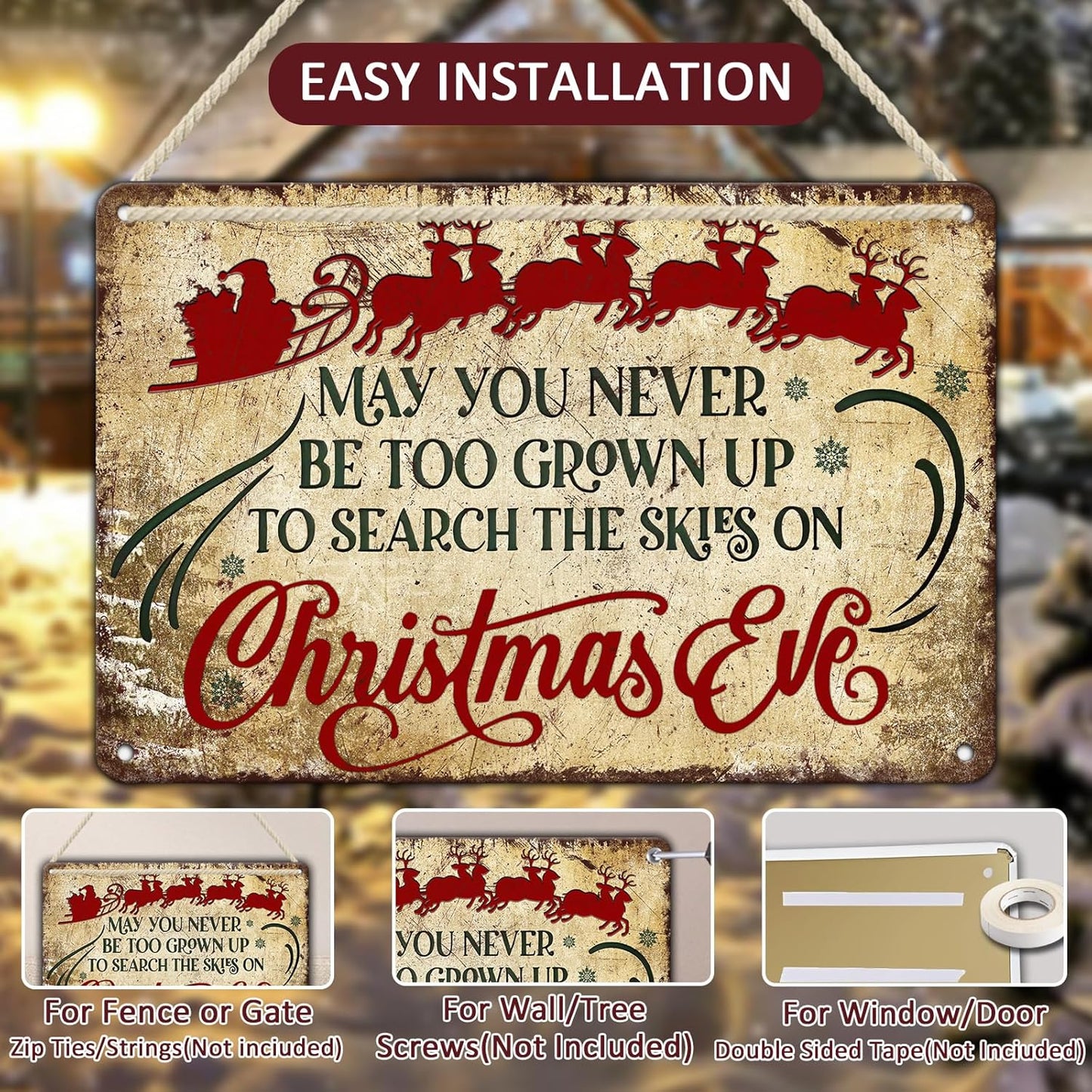 Christmas Signs Vintage Metal Tin, May You Never to Too Grown Up to Search The Skies Christmas Eve 8x12 Inch Rustic Wall Art for Festive Home Decor and Holiday Gifts