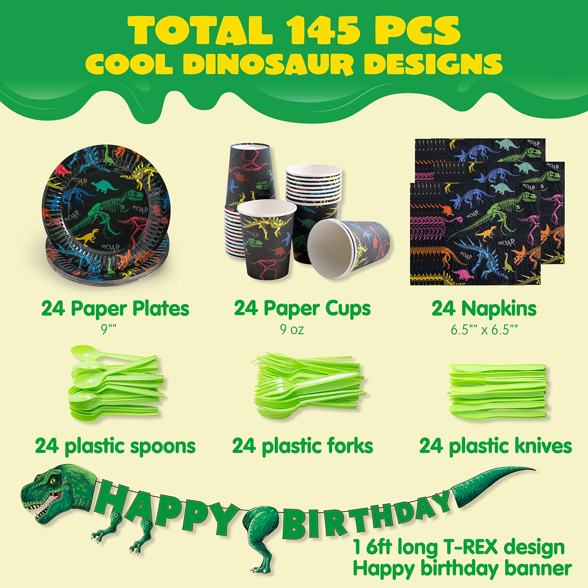 JOYIN 145 Piece Dinosaur Birthday Party Supplies with Banner, 24 Serves Dinosaur Disposable