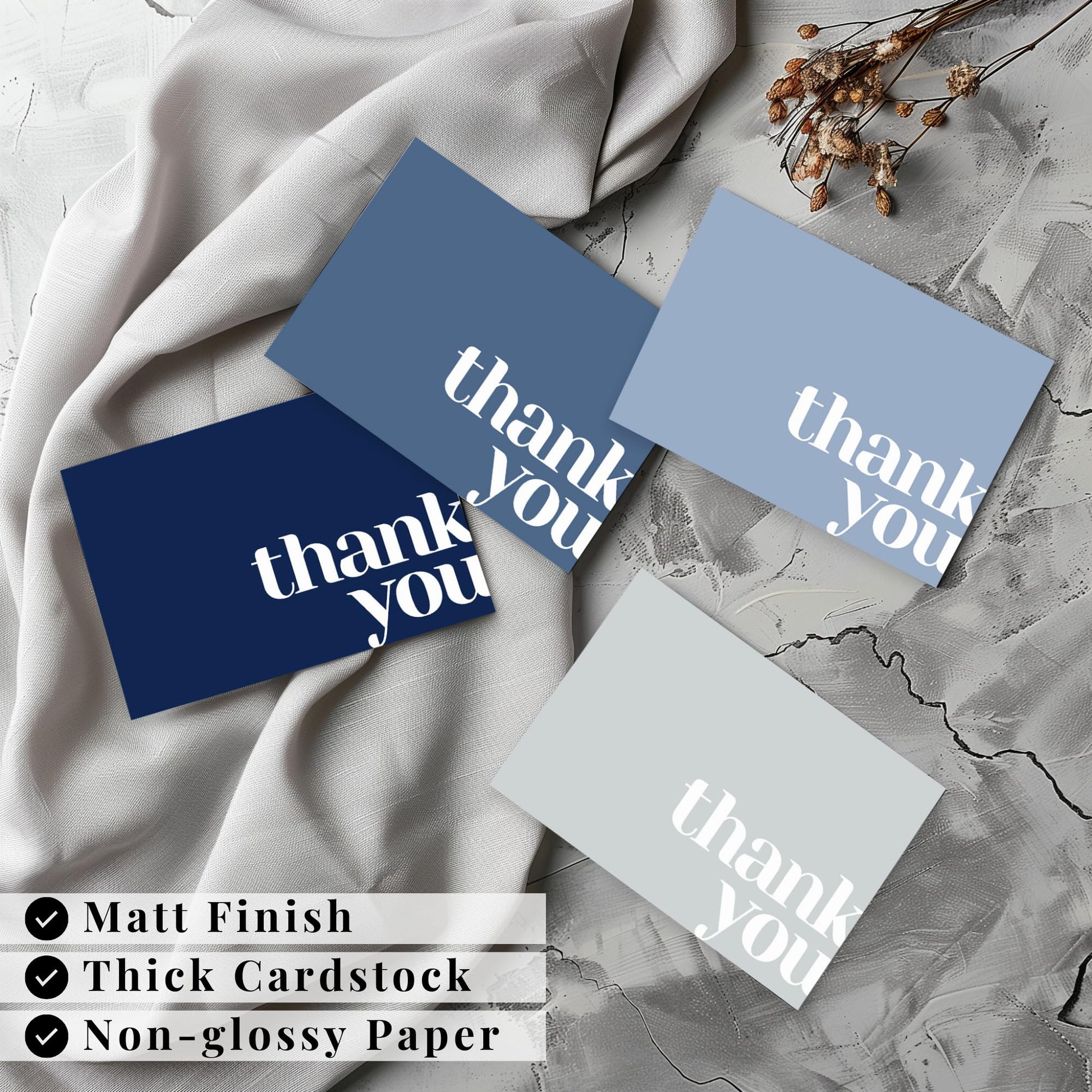 Paper Play Thank You Cards Bulk Pack of 40 Blue, 5x3.5 Inches with Matching Stickers & Envelopes