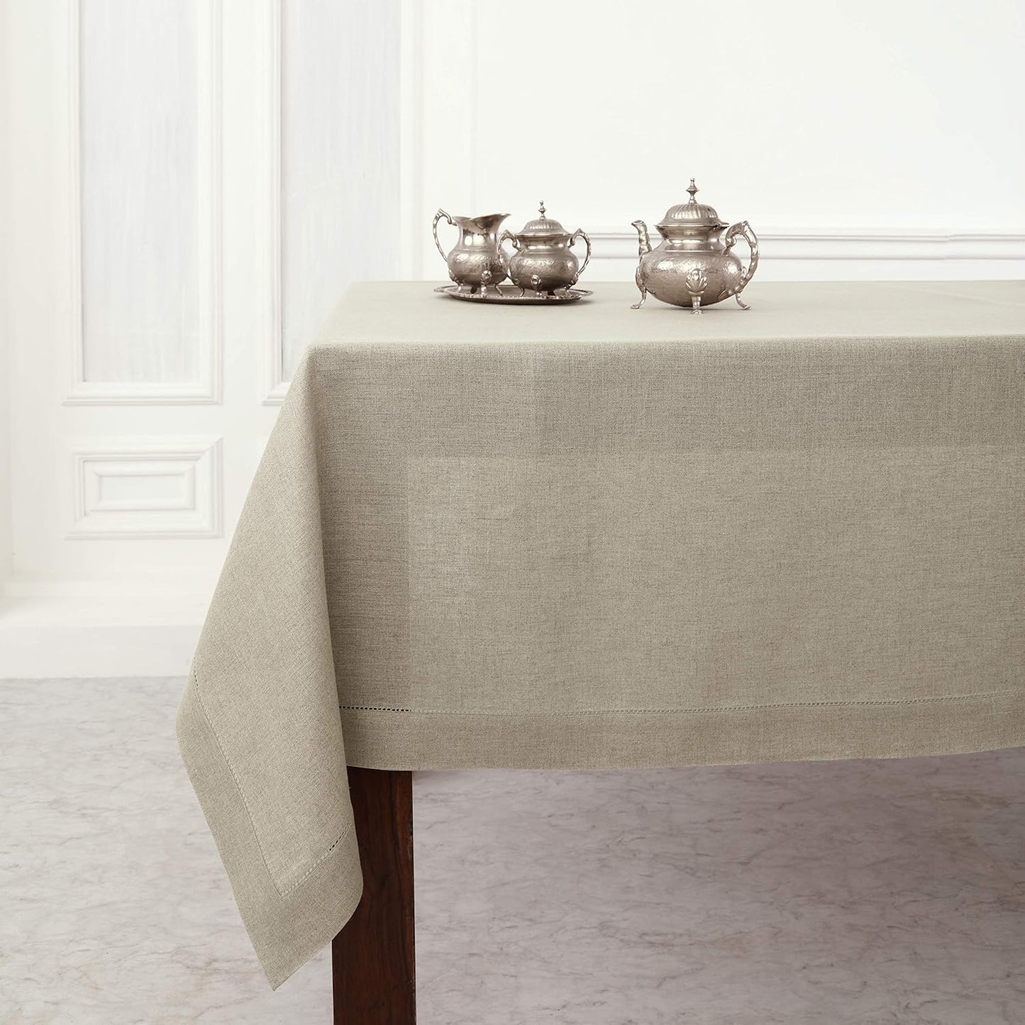 Solino Home Natural Linen Tablecloth 52 x 52 Inch - 100% Pure Linen Square Table Throw - Classic Hemstitch, Machine Washable Table Cloth for Fall, Autumn, Thanksgiving, Christmas, Holiday