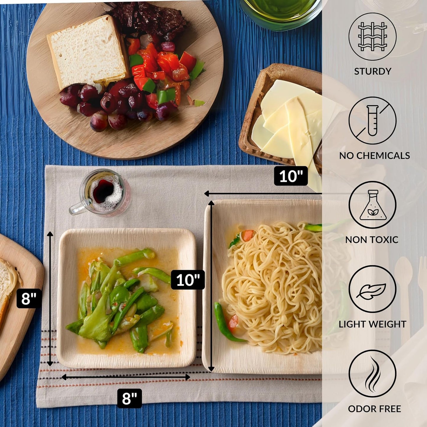 Luxe Designs Palm Leaf Plates - Eco-Friendly Alternative to Bamboo & Plastic - Heavy-Duty Compostable & Biodegradable Party Plates - Microwave & Oven Safe Dinnerware - 50 10"x25 & 8"x25 with Utensils