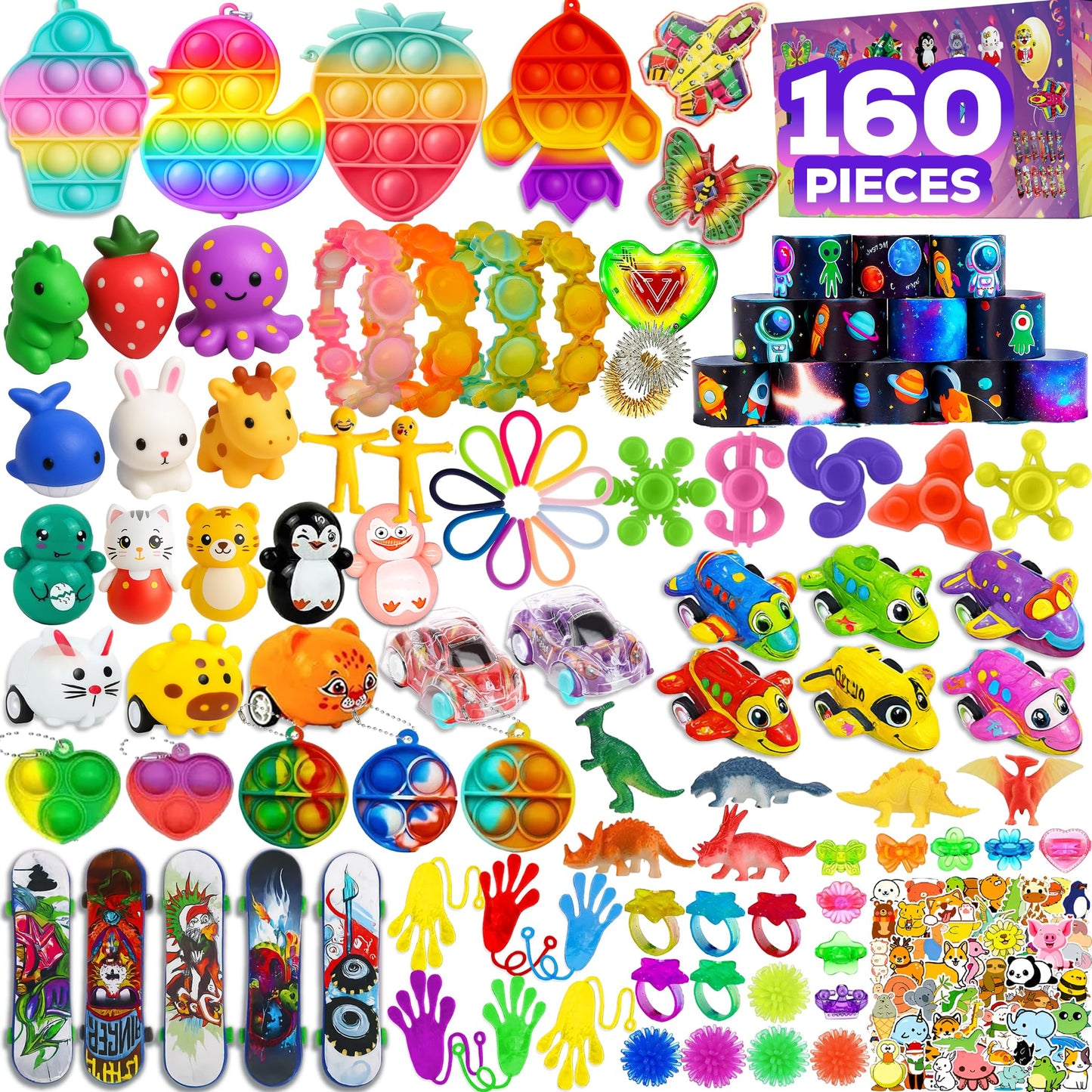 160 Pcs Fidget Toys Party Favors Pack, Randomly Selected Pop Sensory Set Gifts Stickers for Kids