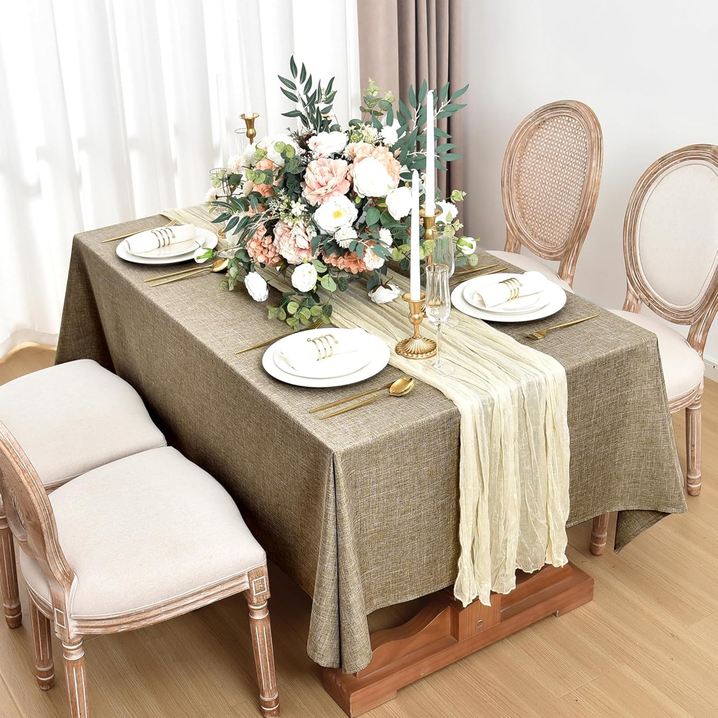 Fitable Faux Linen Tablecloths for Rectangle Tables: Water & Stain Resistant Farmhouse Table Cloth, Washable Burlap Textured Table Covers for Kitchen Dining Party(2 Pack, 60x84 Inch, Khaki)