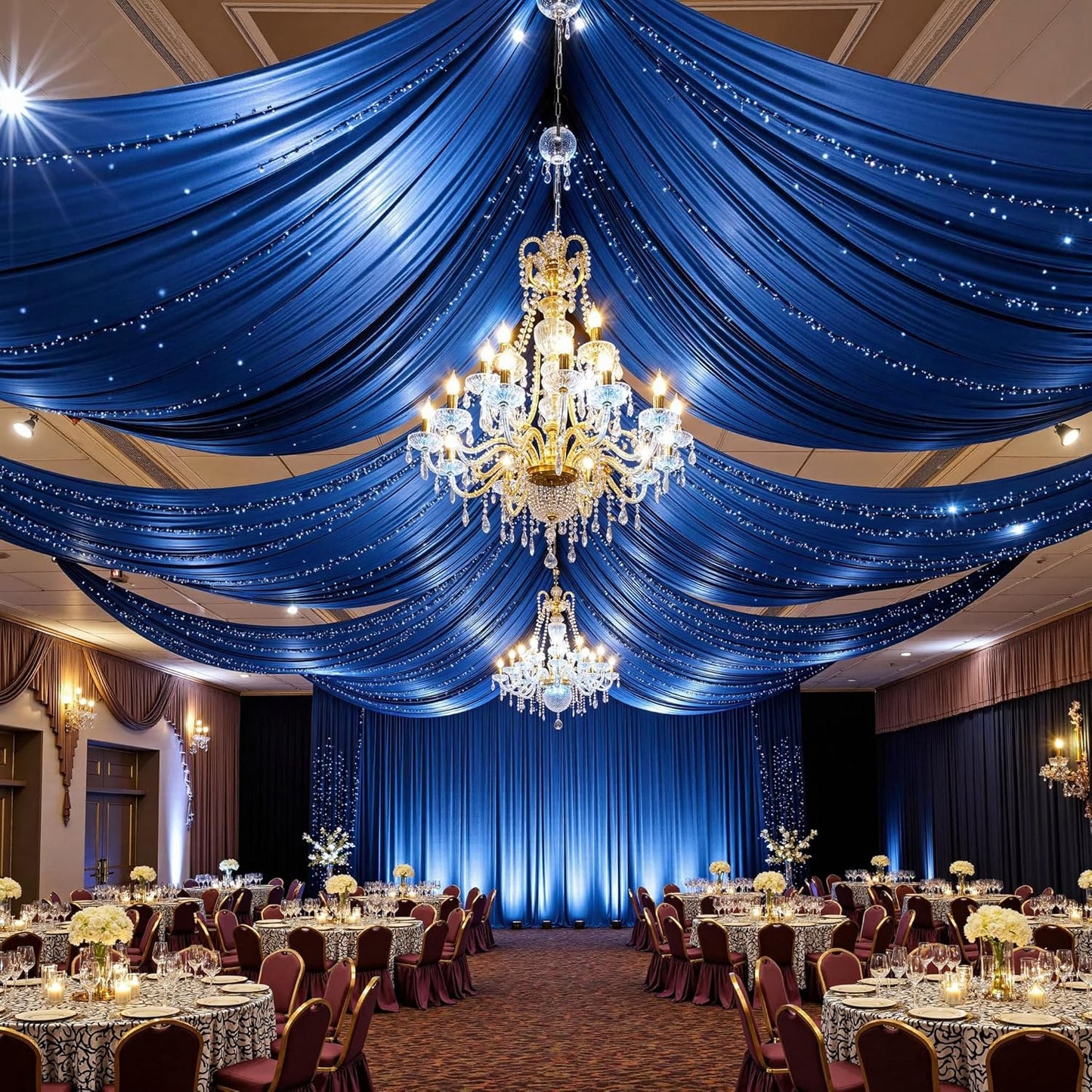 PartyVillage 2 Panels 5ftx30ft Royal Blue Ceiling Drapes for Wedding Parties – 30 FT Extra Long Thick Polyester Wrinkle-Free Drapery Tent Decor Decorations for Birthday Party Ceremony Stage Swag